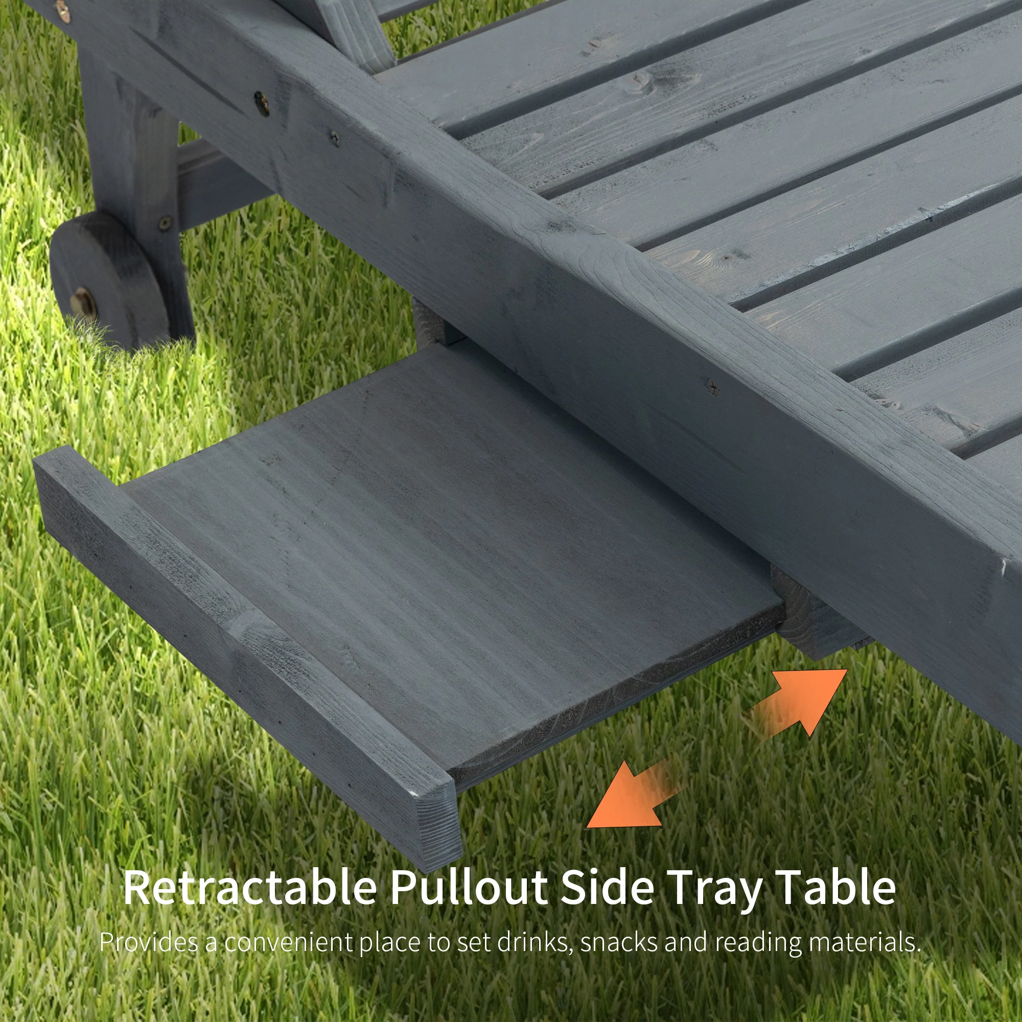 Wooden Garden Sun Lounger with Built-In Table, Reclining Backrest & Rolling Wheels, Grey - Image 6