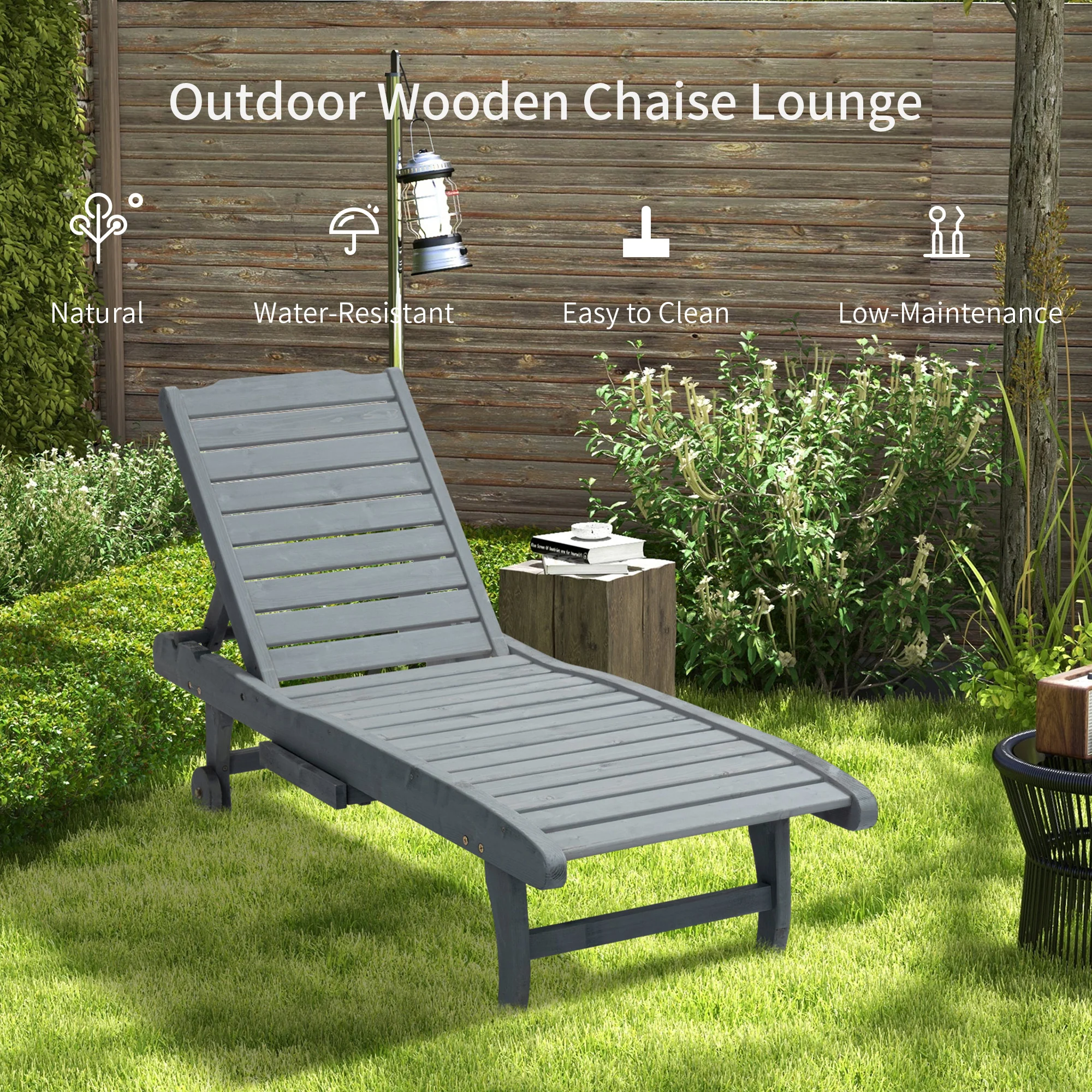 Wooden Garden Sun Lounger with Built-In Table, Reclining Backrest & Rolling Wheels, Grey - Image 9