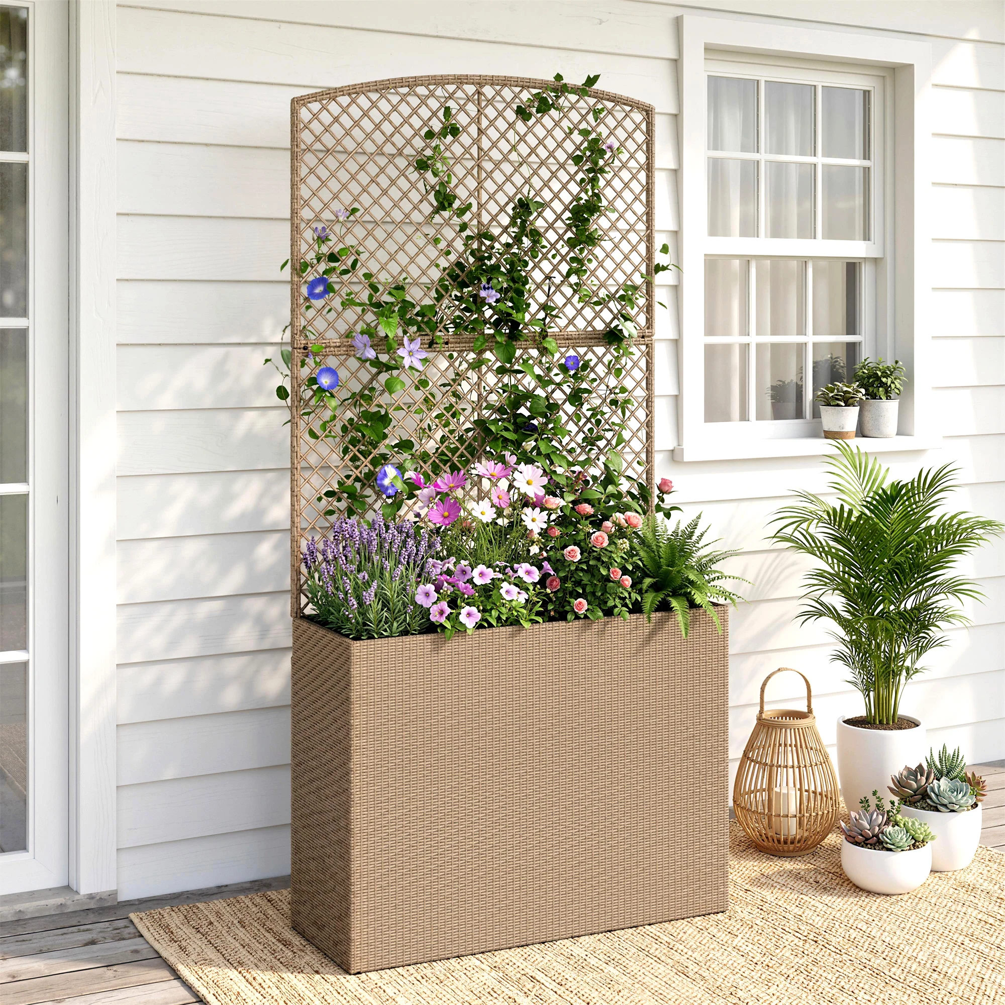 80 x 30 x 163 cm Rattan Raised Planter Box with Trellis and Liner, Light Grey - Image 10