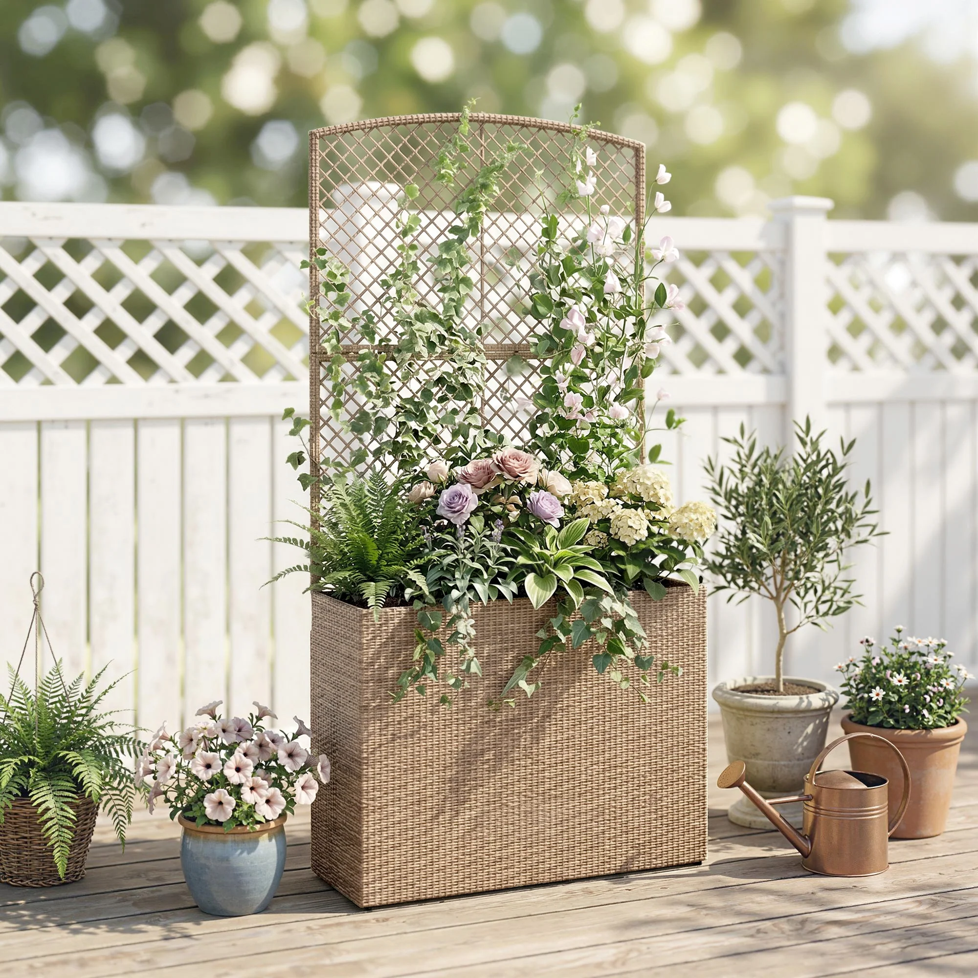 80 x 30 x 163 cm Rattan Raised Planter Box with Trellis and Liner, Light Grey - Image 11
