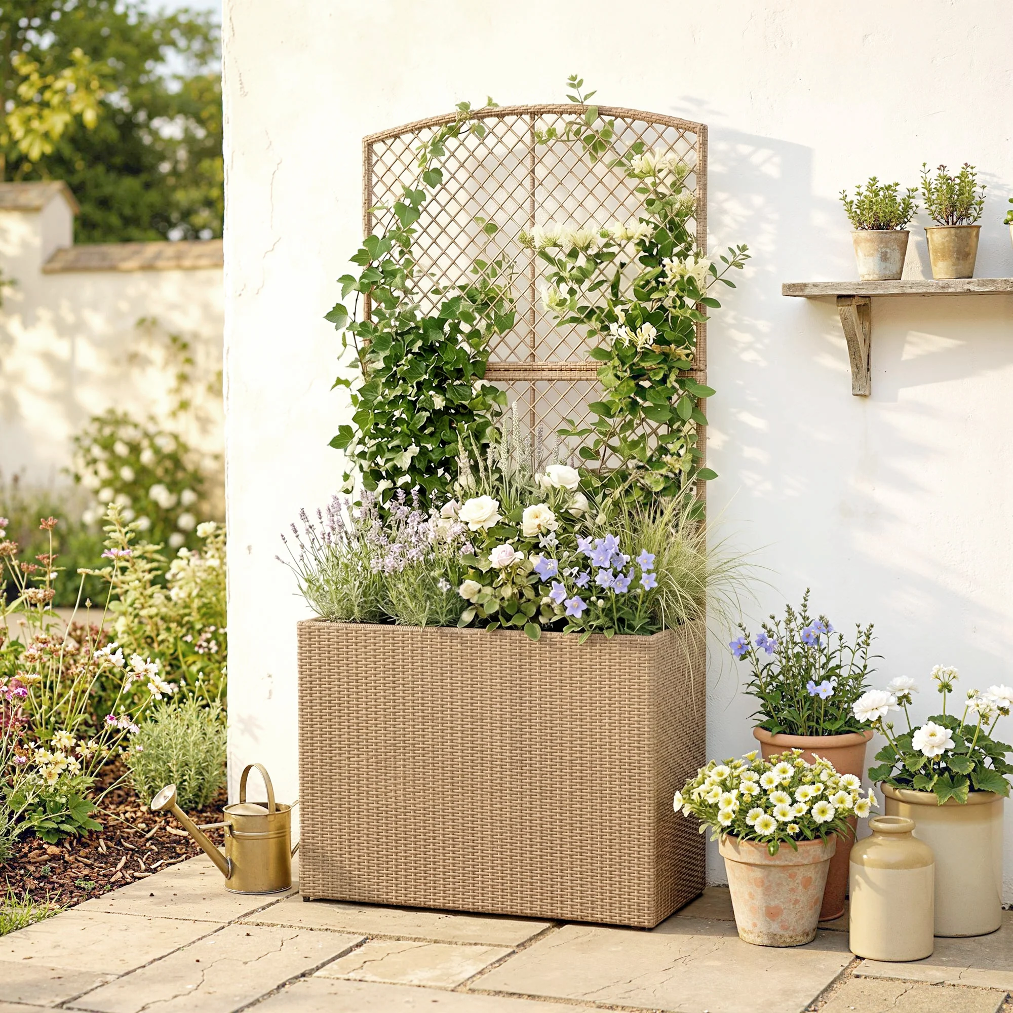 80 x 30 x 163 cm Rattan Raised Planter Box with Trellis and Liner, Light Grey - Image 4