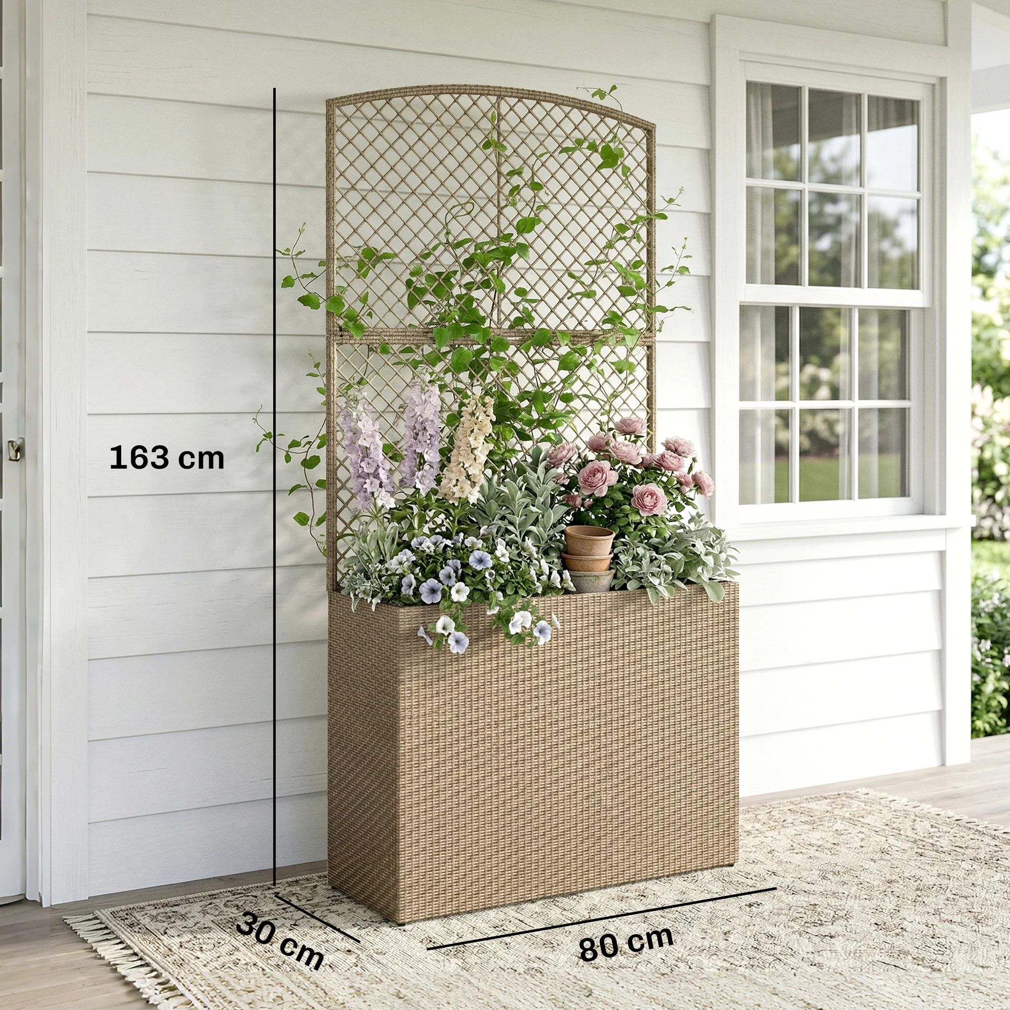 80 x 30 x 163 cm Rattan Raised Planter Box with Trellis and Liner, Light Grey - Image 5