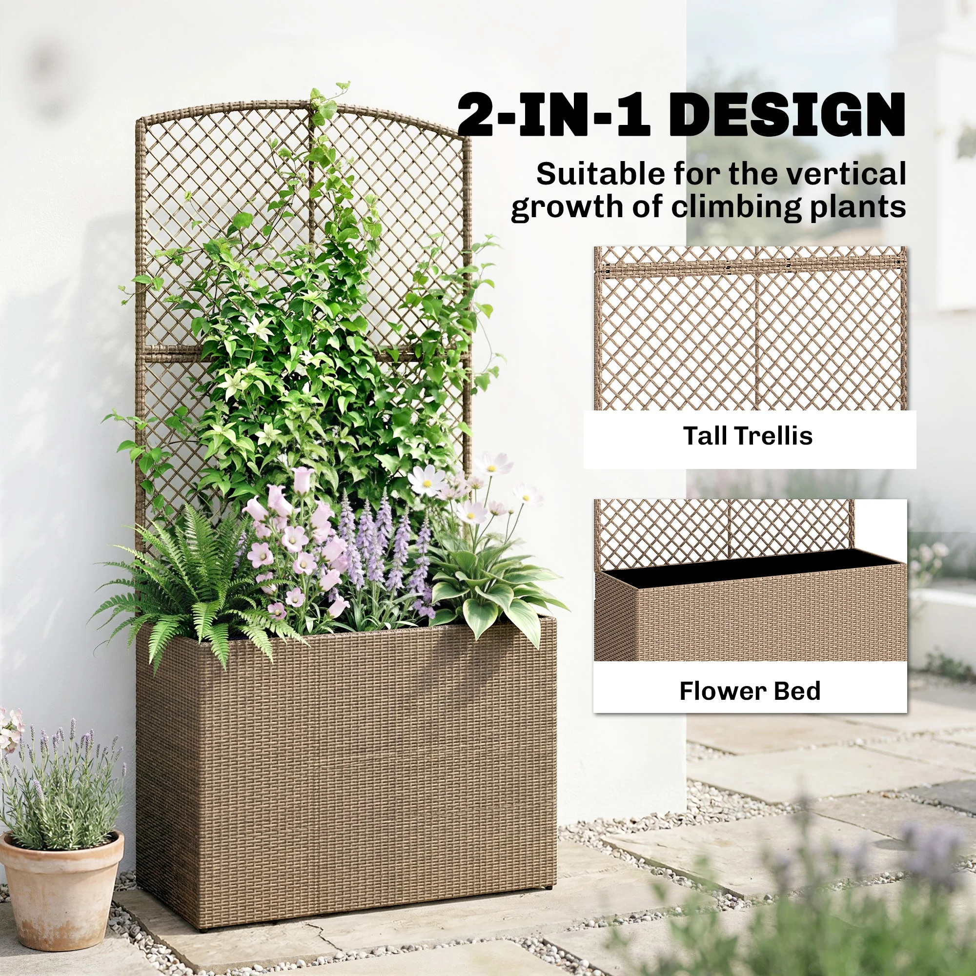 80 x 30 x 163 cm Rattan Raised Planter Box with Trellis and Liner, Light Grey - Image 6