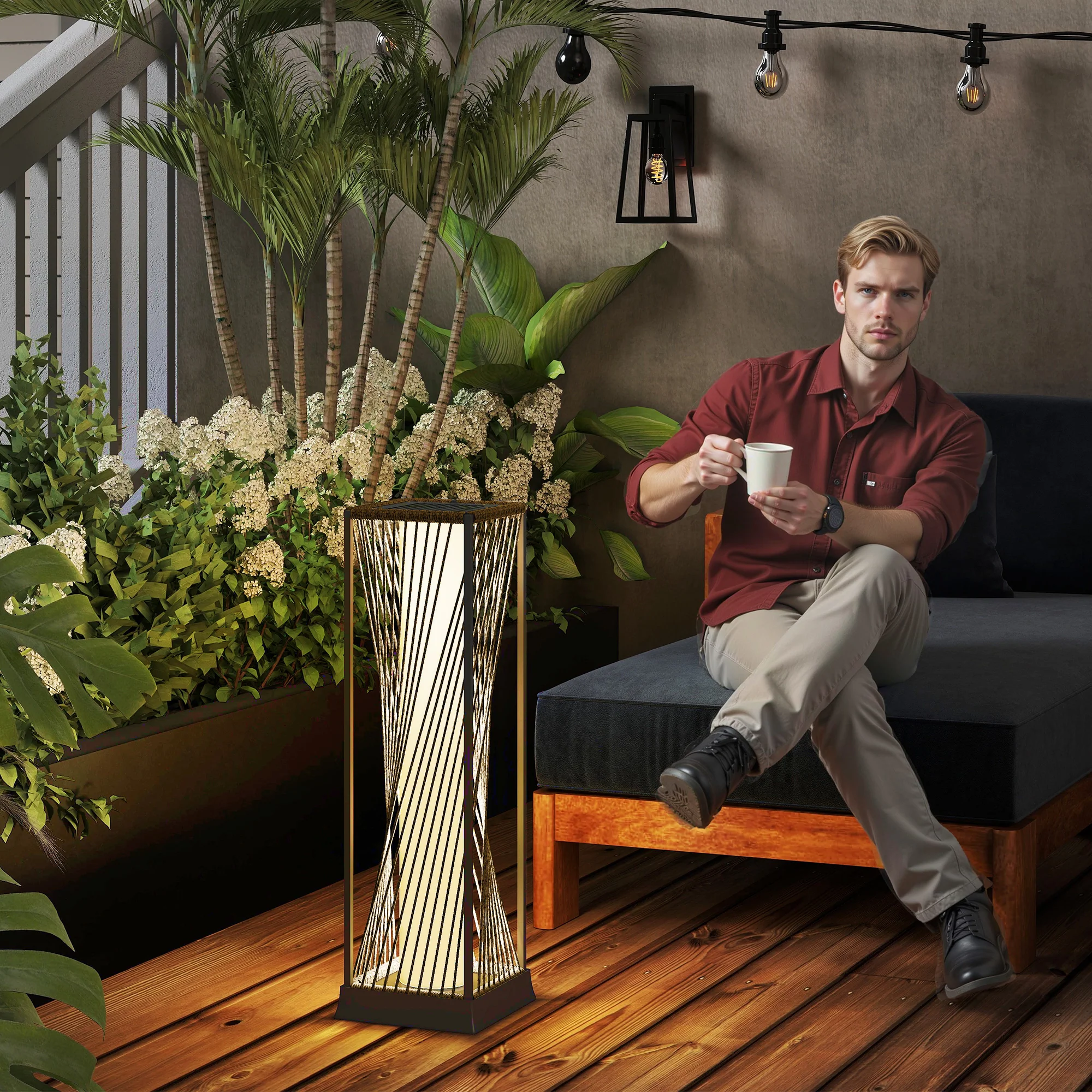 77 cm Solar Rattan Floor Lamp with Auto On/Off LED, Sand Brown - Image 3