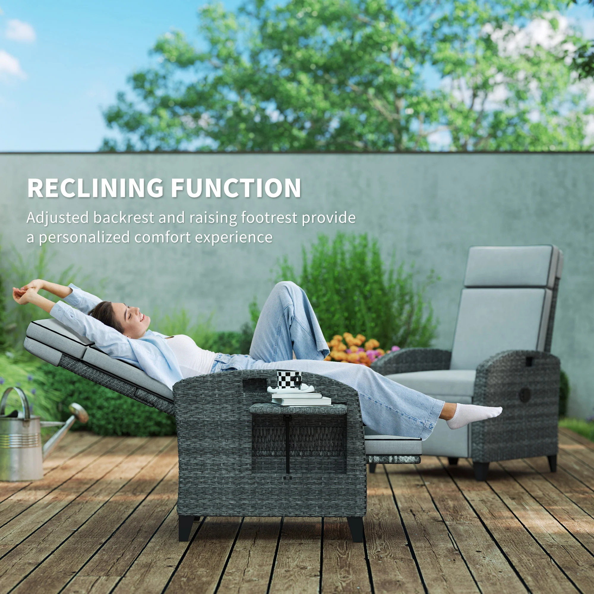 Rattan Recliner Chair with Adjustable Backrest & Footrest for Balcony, Patio, Light Grey - Image 6