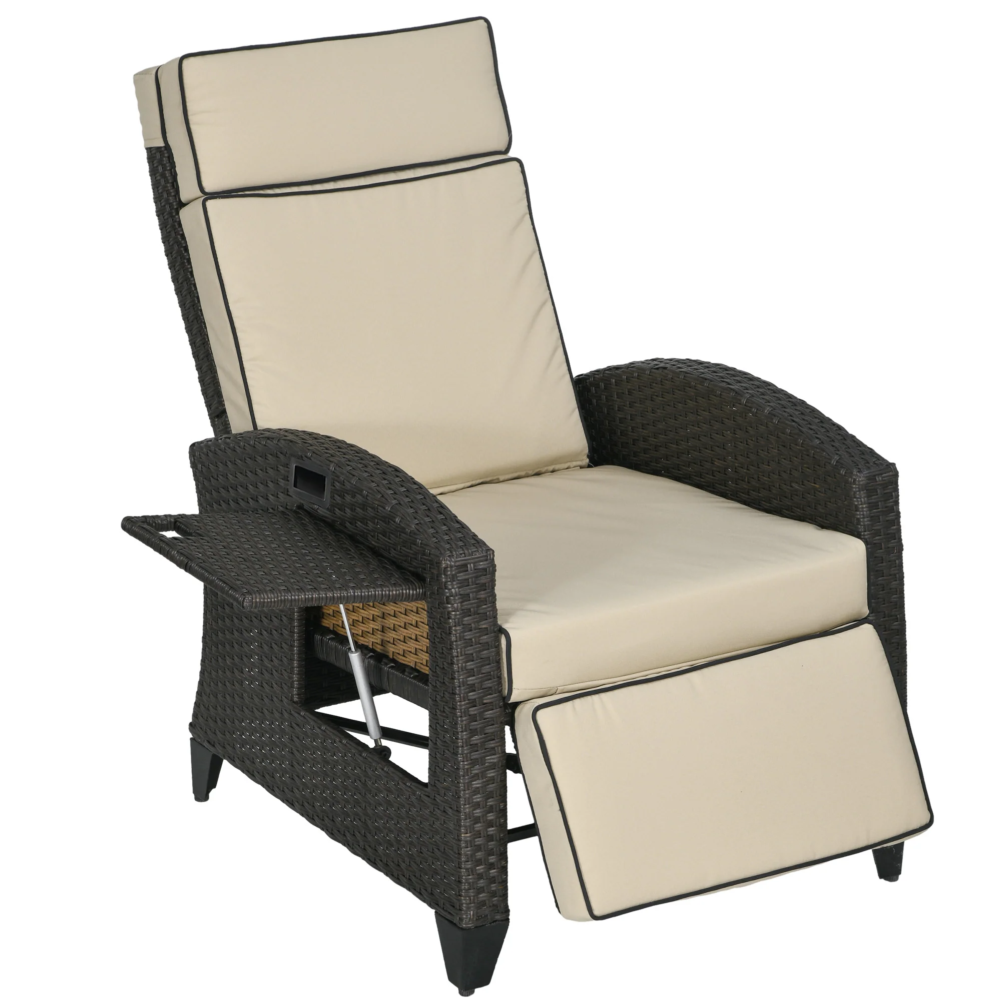 Rattan Recliner Chair with Adjustable Backrest & Footrest for Balcony, Patio, Khaki