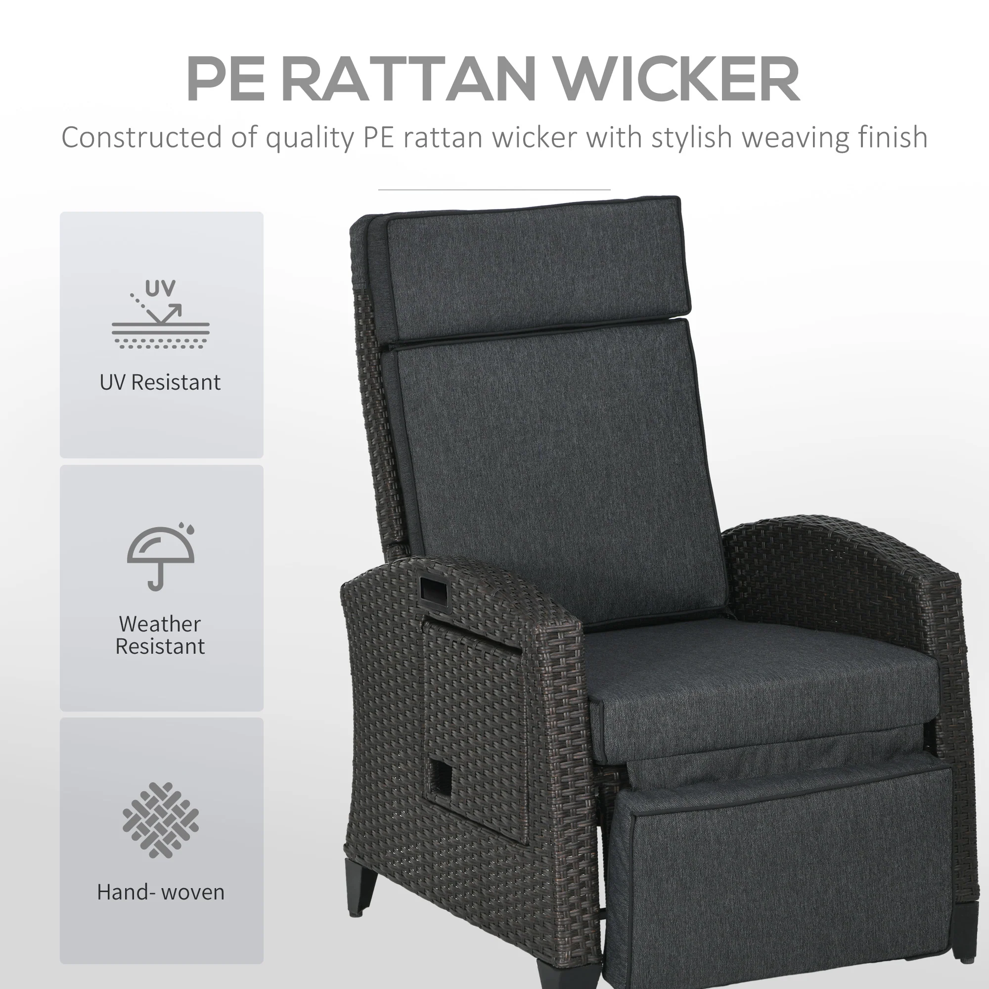 Rattan Recliner Chair with Adjustable Backrest & Footrest for Balcony, Patio, Dark Grey - Image 7