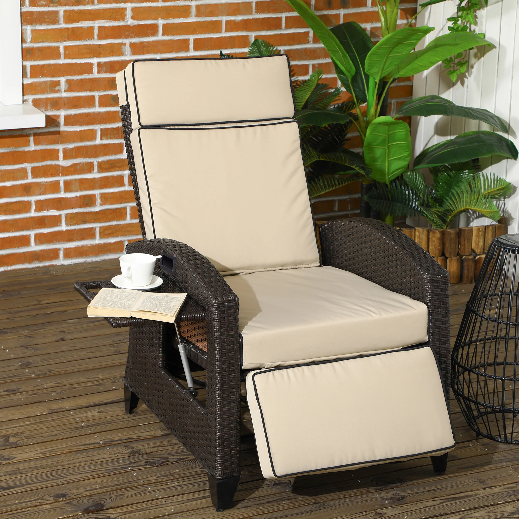 Rattan Recliner Chair with Adjustable Backrest & Footrest for Balcony, Patio, Khaki - Image 3