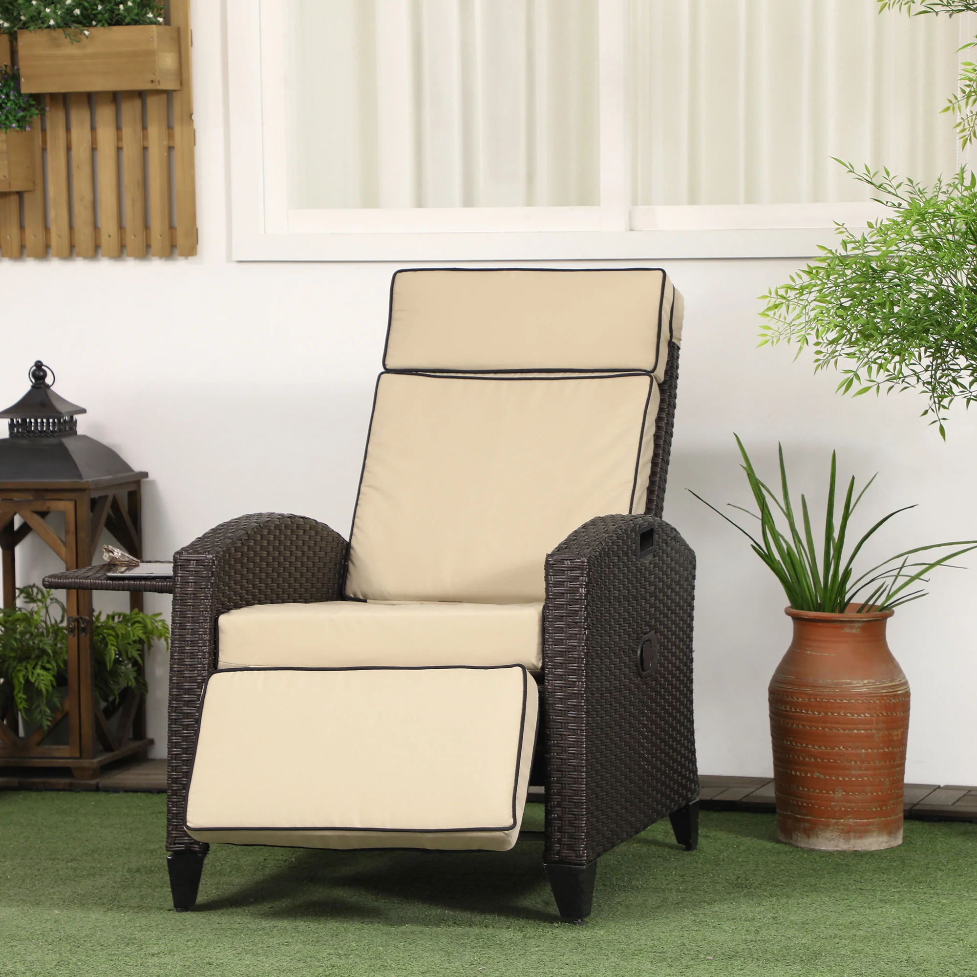 Rattan Recliner Chair with Adjustable Backrest & Footrest for Balcony, Patio, Khaki - Image 4