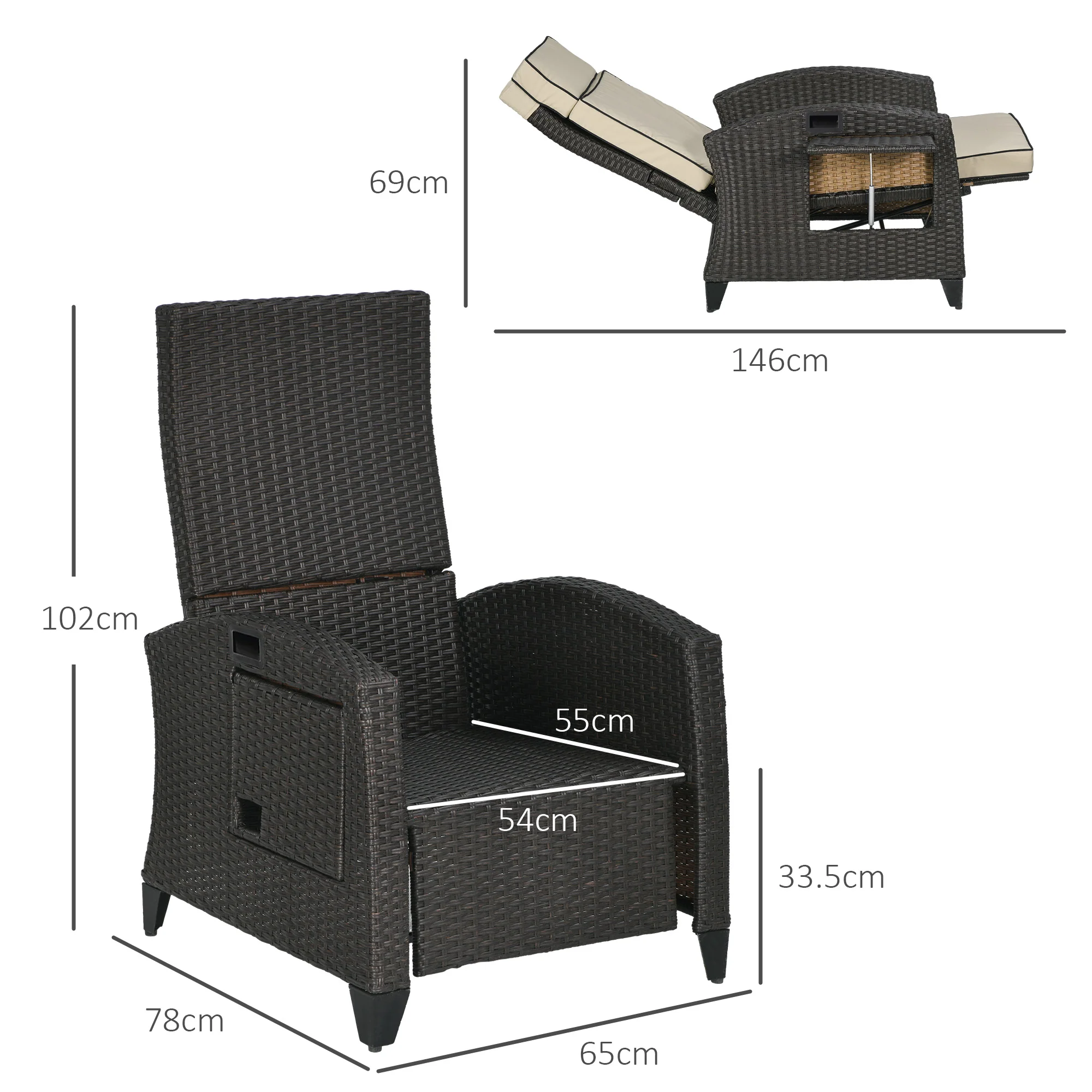 Rattan Recliner Chair with Adjustable Backrest & Footrest for Balcony, Patio, Khaki - Image 5