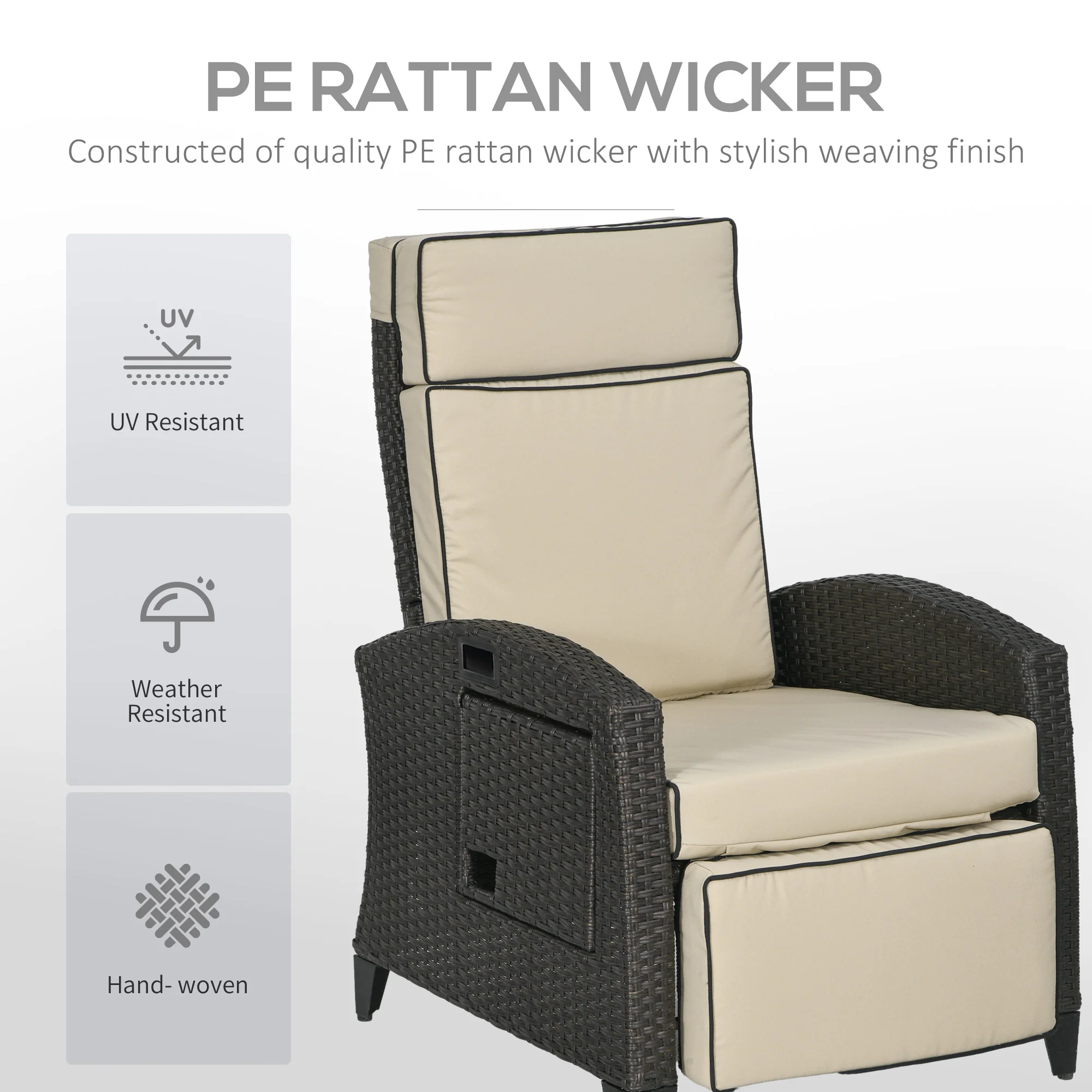 Rattan Recliner Chair with Adjustable Backrest & Footrest for Balcony, Patio, Khaki - Image 7