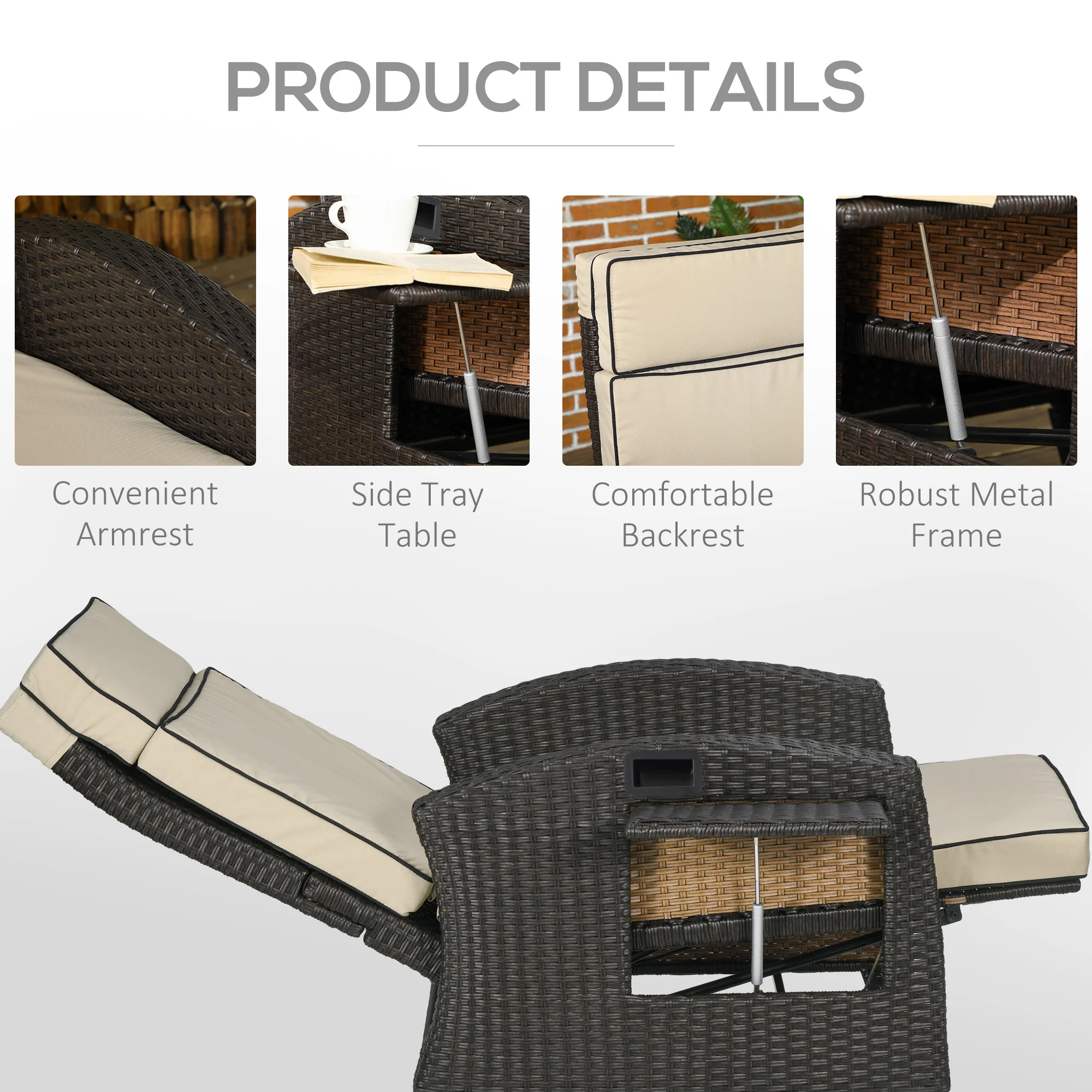 Rattan Recliner Chair with Adjustable Backrest & Footrest for Balcony, Patio, Khaki - Image 8