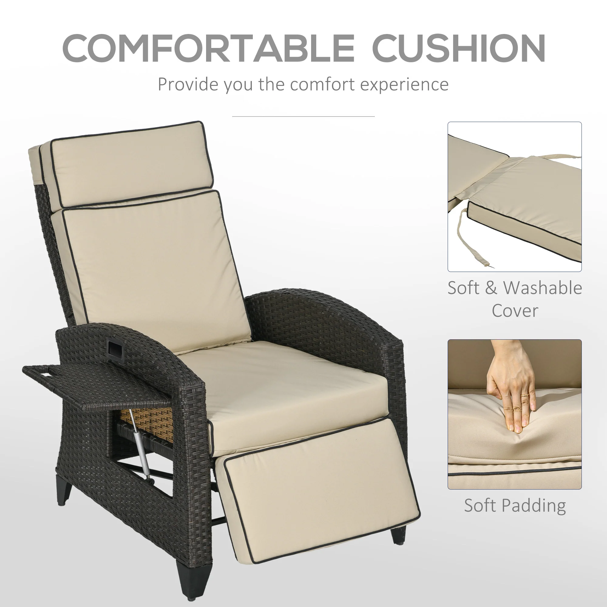 Rattan Recliner Chair with Adjustable Backrest & Footrest for Balcony, Patio, Khaki - Image 9