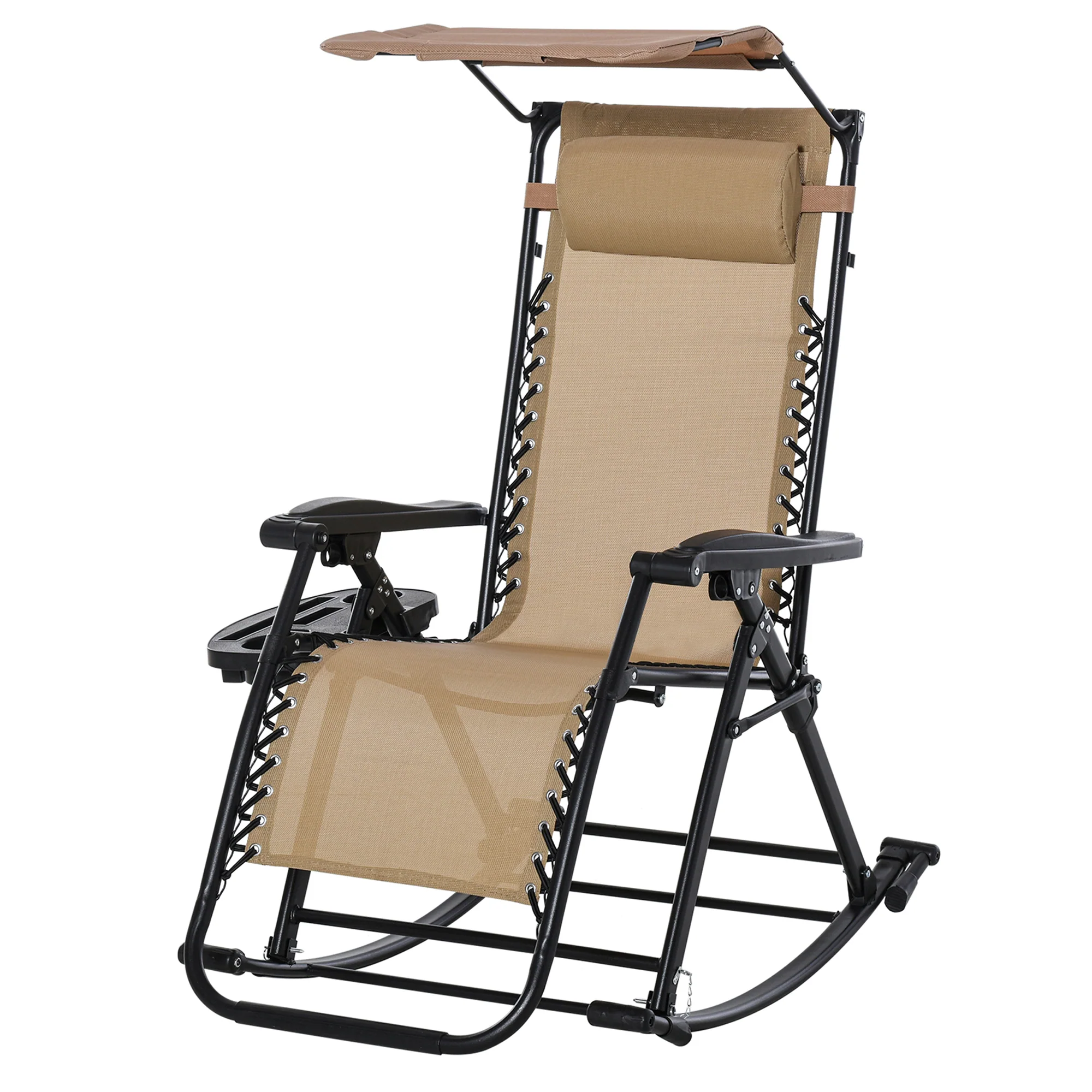 Outdoor Rocking Lounge Chair with Adjustable Backrest Zero-Gravity Seat, Side Holder, Beige - Image 2