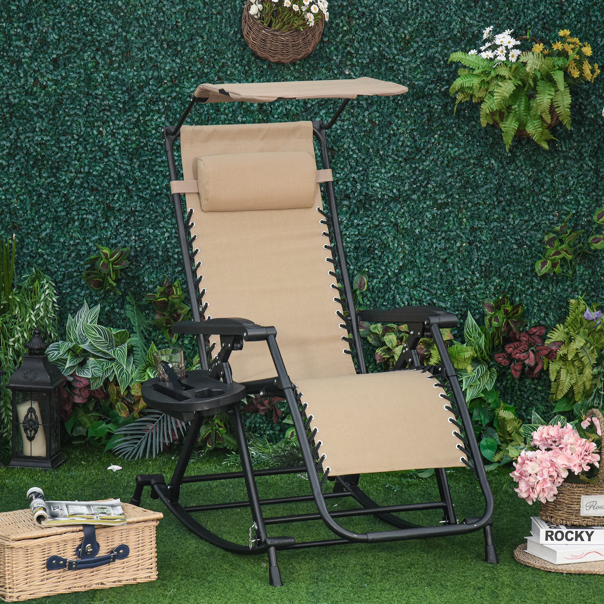 Outdoor Rocking Lounge Chair with Adjustable Backrest Zero-Gravity Seat, Side Holder, Beige - Image 3