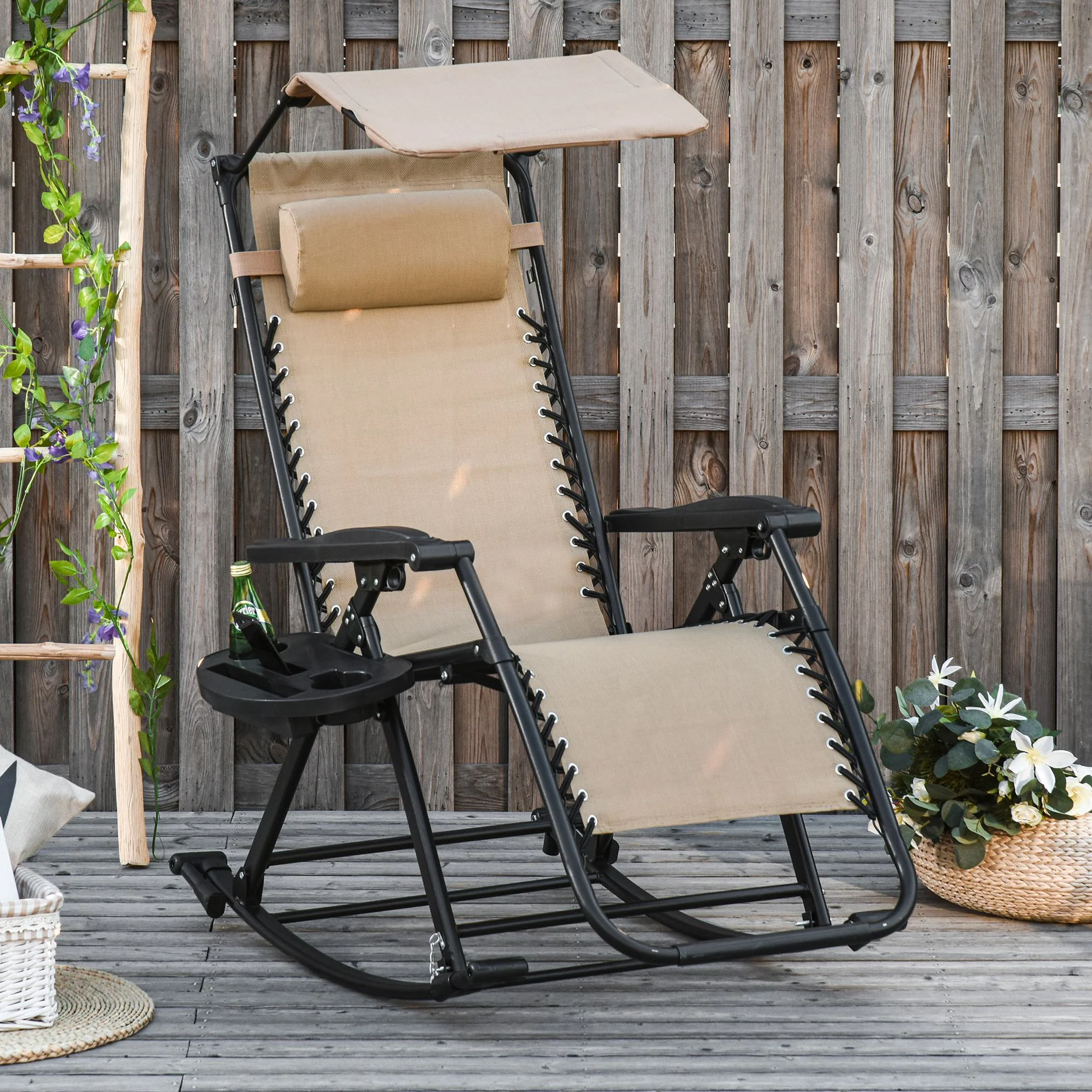 Outdoor Rocking Lounge Chair with Adjustable Backrest Zero-Gravity Seat, Side Holder, Beige - Image 4