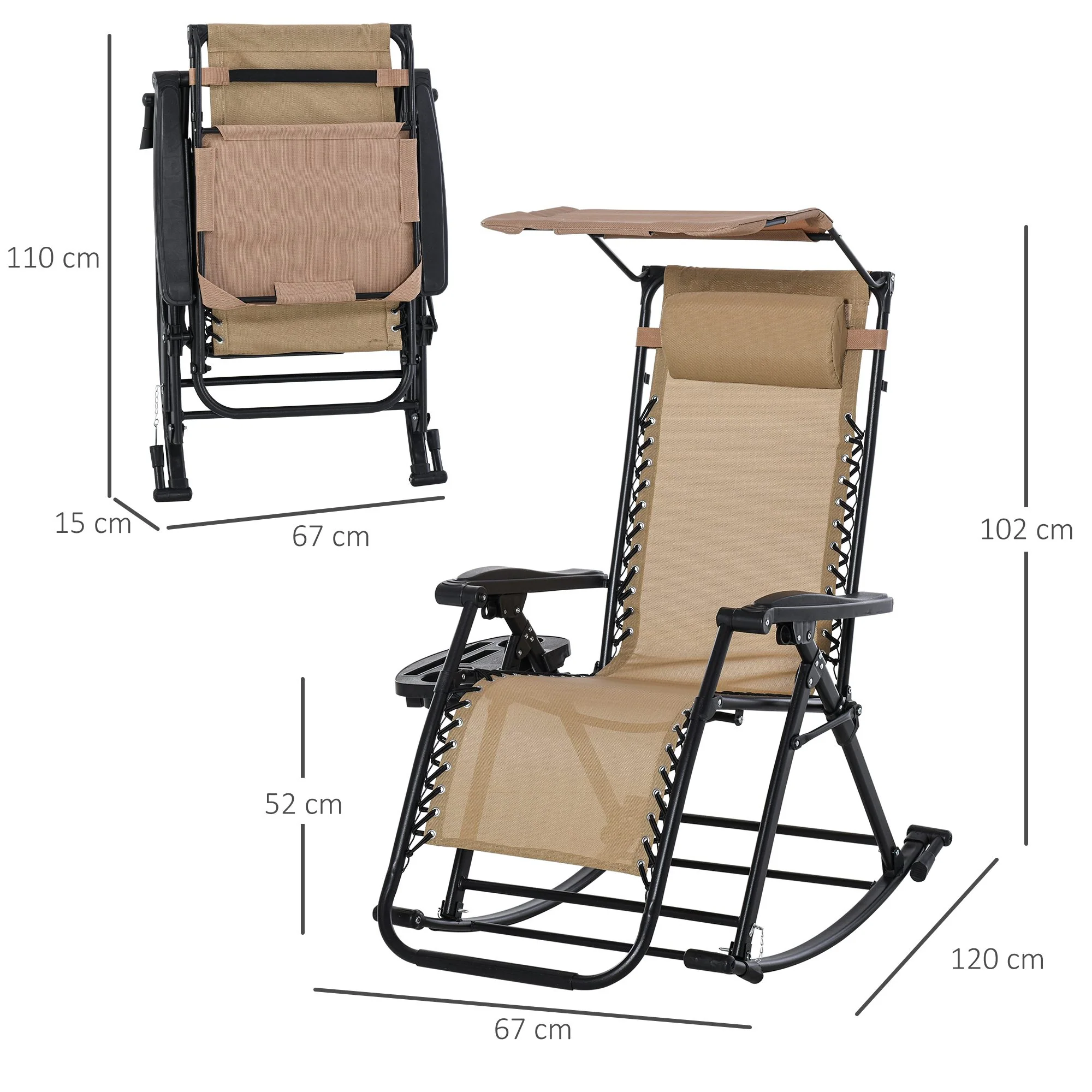 Outdoor Rocking Lounge Chair with Adjustable Backrest Zero-Gravity Seat, Side Holder, Beige - Image 5