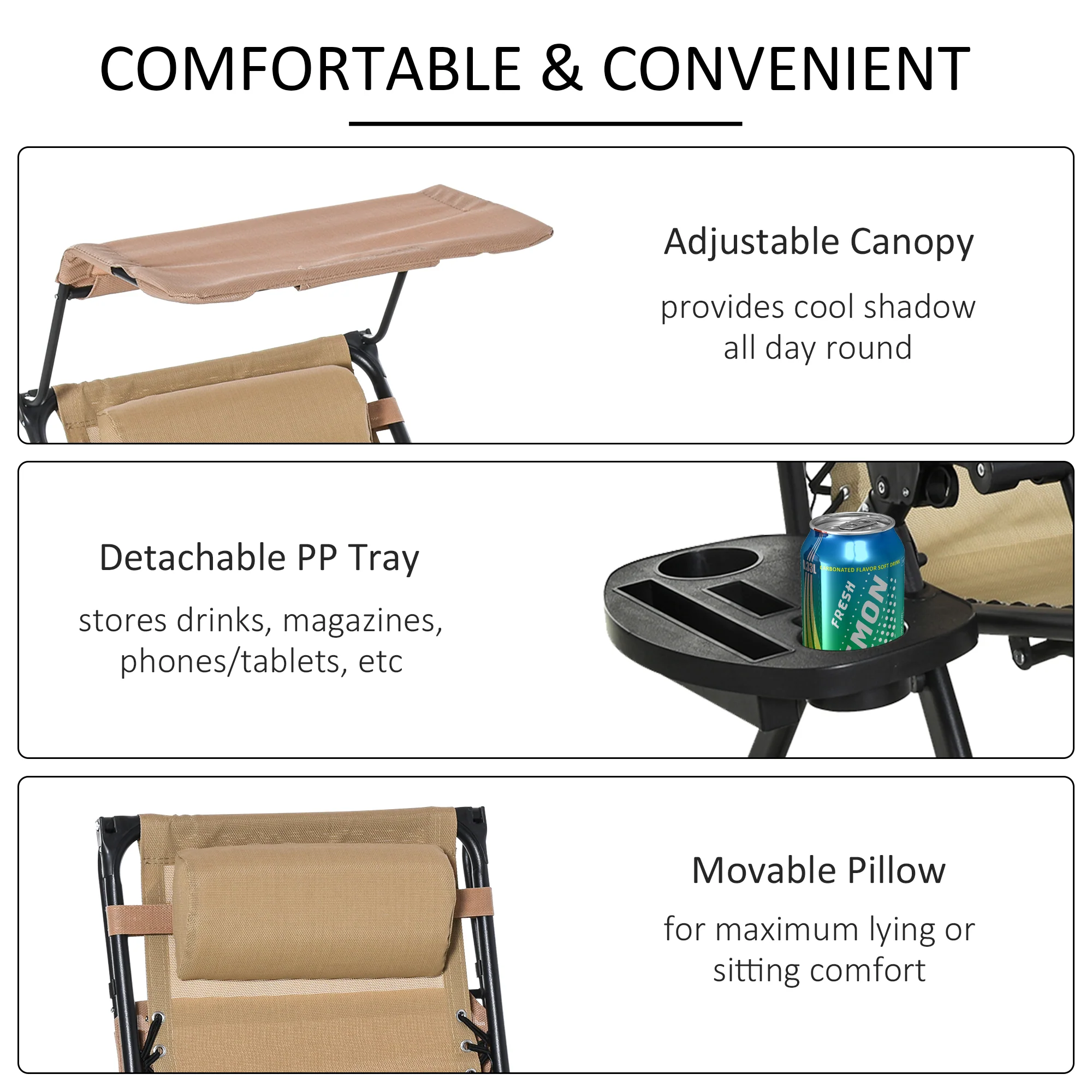 Outdoor Rocking Lounge Chair with Adjustable Backrest Zero-Gravity Seat, Side Holder, Beige - Image 7