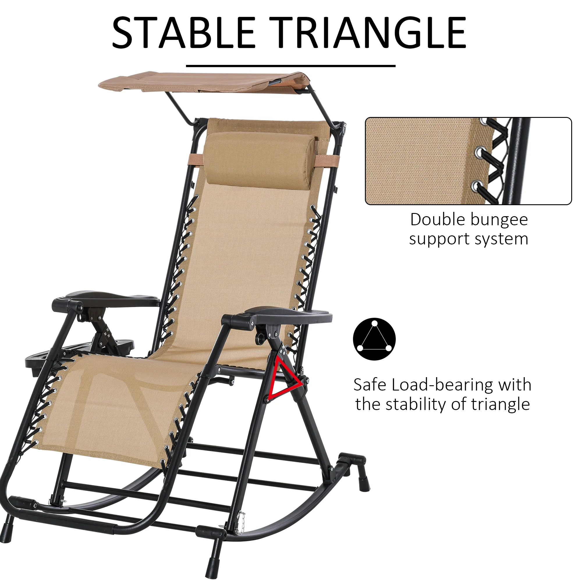 Outdoor Rocking Lounge Chair with Adjustable Backrest Zero-Gravity Seat, Side Holder, Beige - Image 8