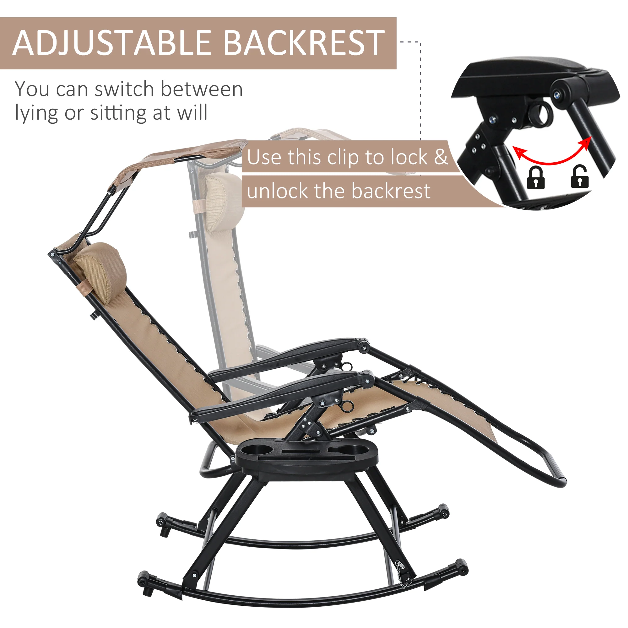 Outdoor Rocking Lounge Chair with Adjustable Backrest Zero-Gravity Seat, Side Holder, Beige - Image 9