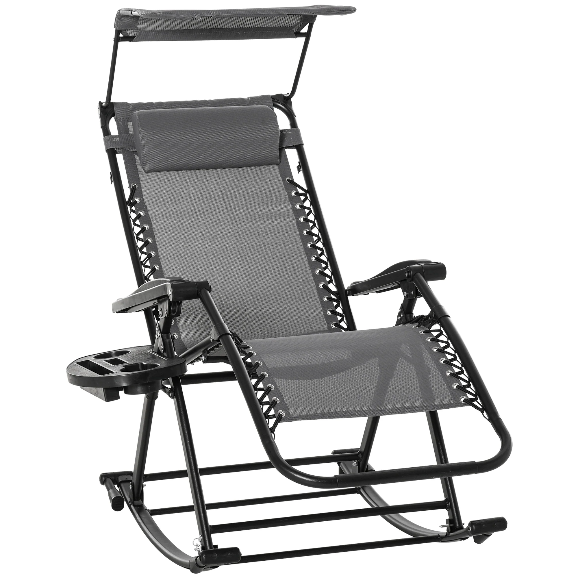 Outdoor Rocking Lounge Chair with Adjustable Backrest Zero-Gravity Seat, Side Holder, Grey
