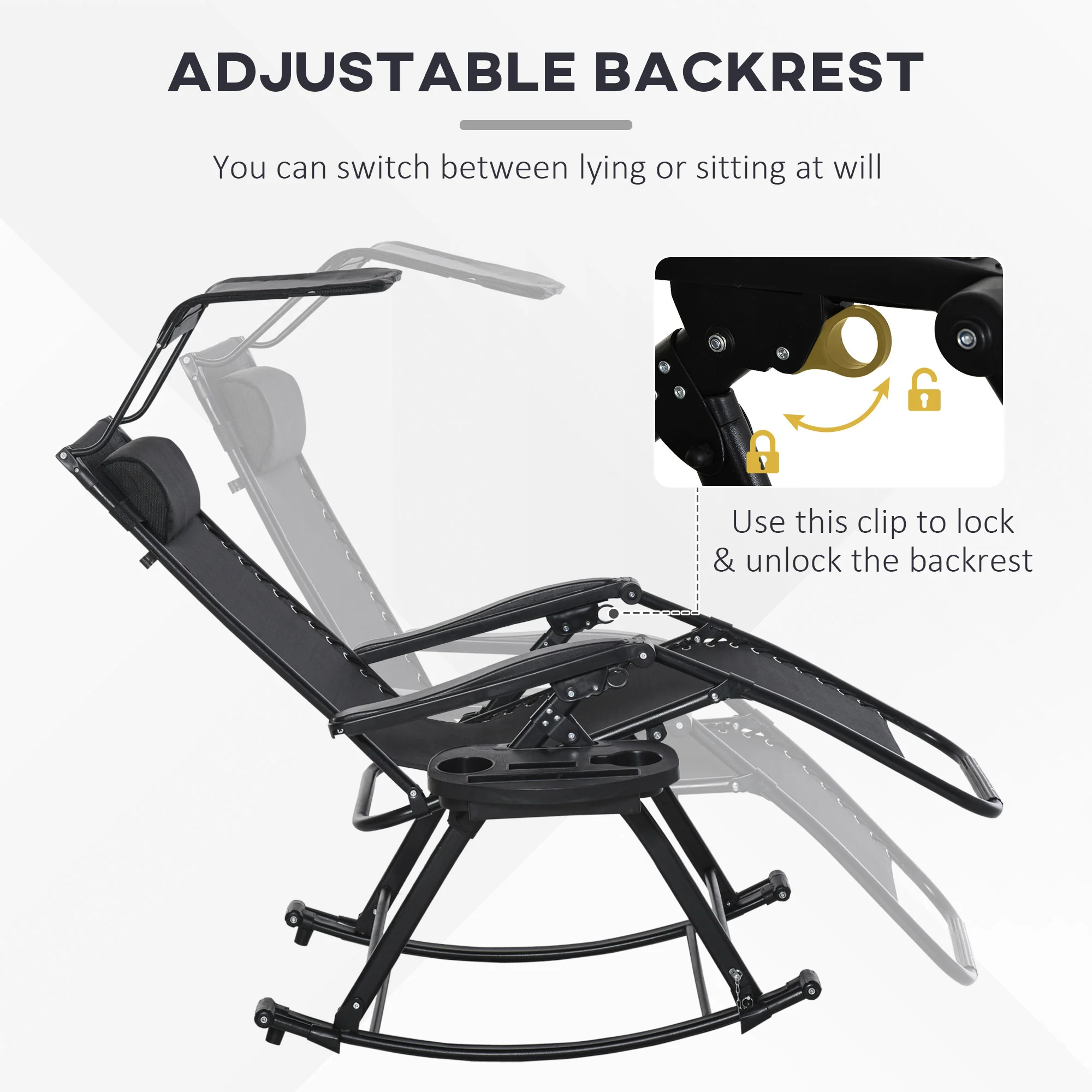 Outdoor Rocking Lounge Chair with Adjustable Backrest Zero-Gravity Seat, Side Holder, Black - Image 9