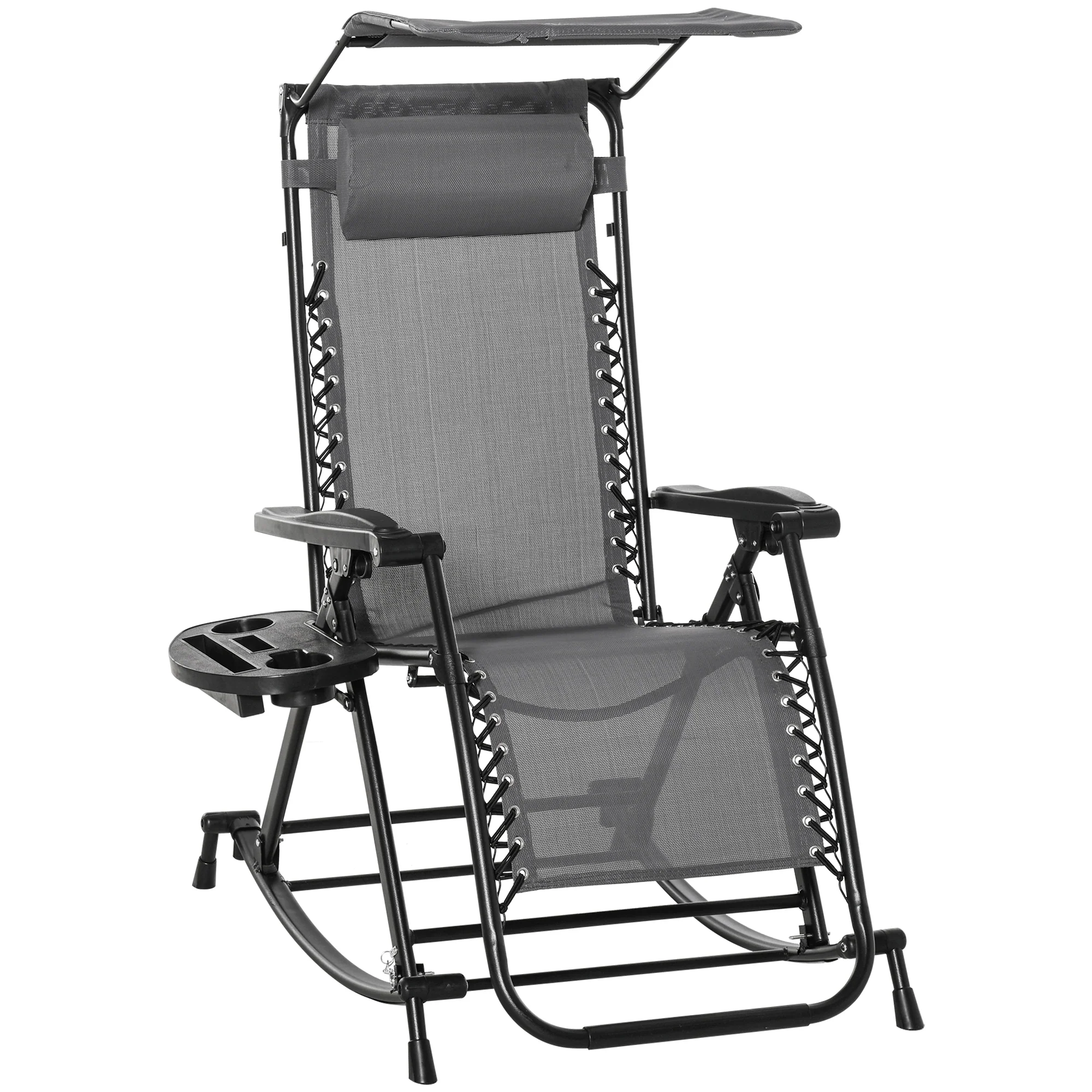 Outdoor Rocking Lounge Chair with Adjustable Backrest Zero-Gravity Seat, Side Holder, Grey - Image 2