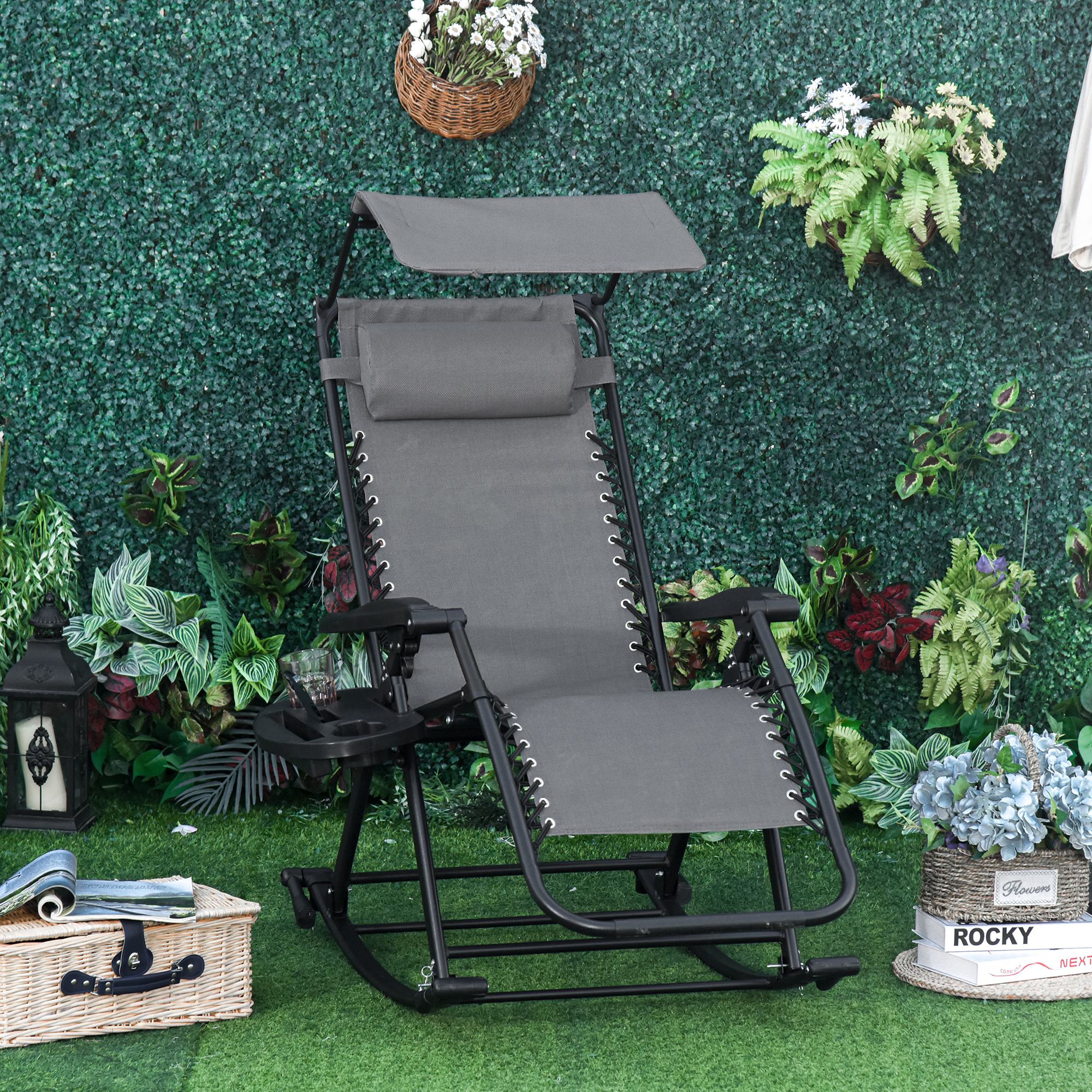 Outdoor Rocking Lounge Chair with Adjustable Backrest Zero-Gravity Seat, Side Holder, Grey - Image 3