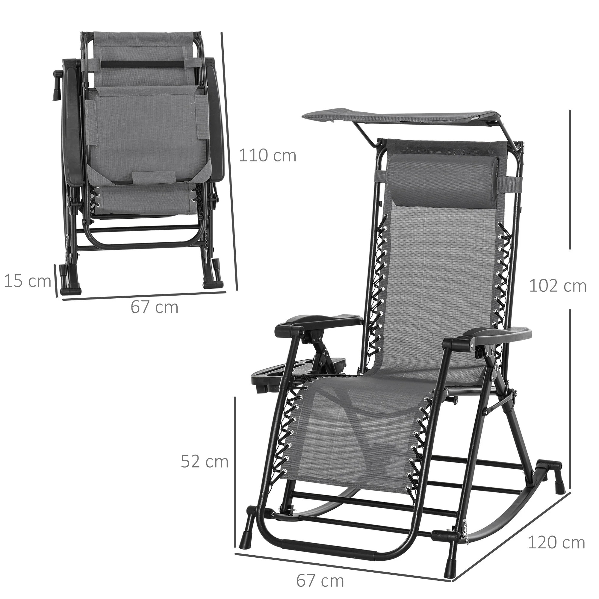 Outdoor Rocking Lounge Chair with Adjustable Backrest Zero-Gravity Seat, Side Holder, Grey - Image 5