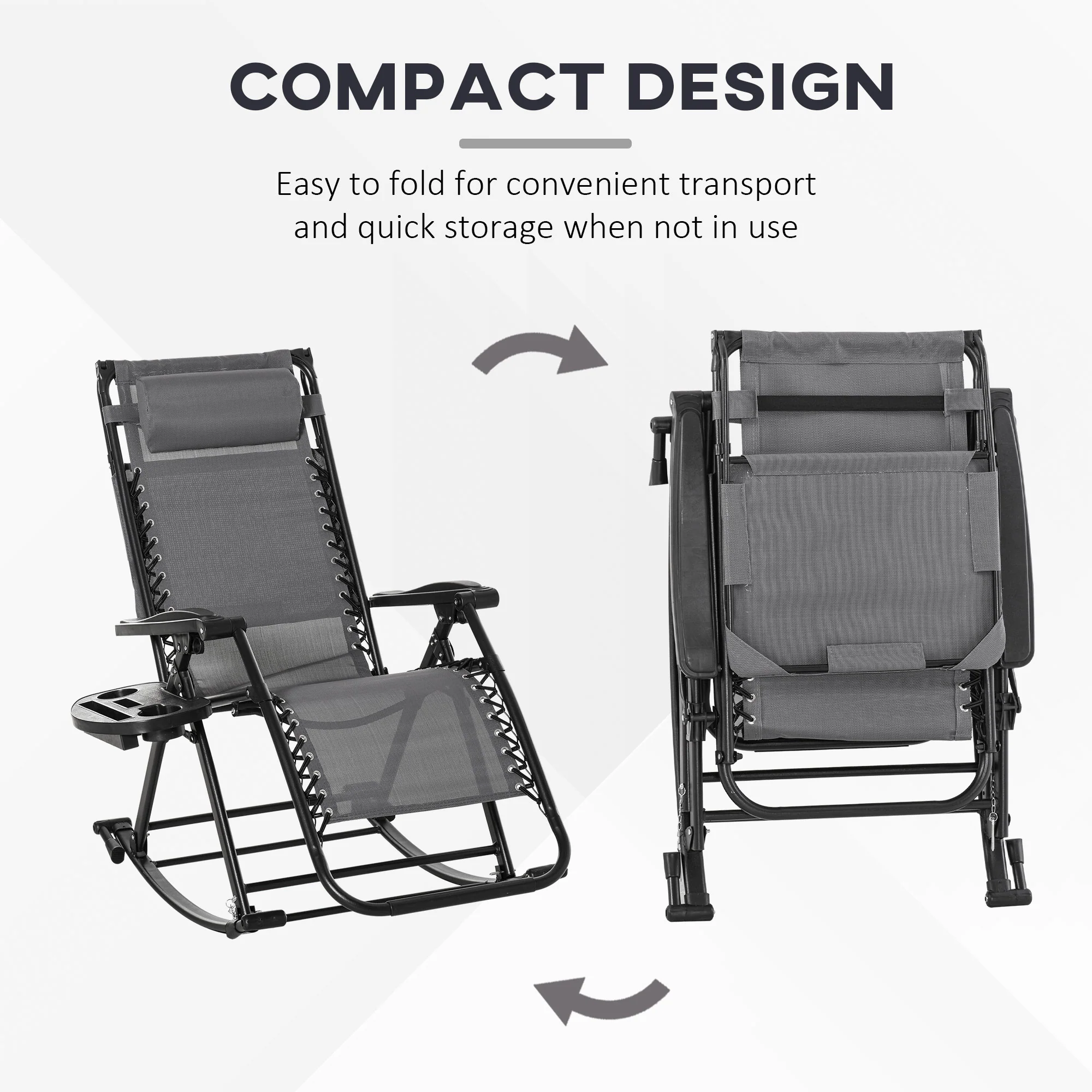 Outdoor Rocking Lounge Chair with Adjustable Backrest Zero-Gravity Seat, Side Holder, Grey - Image 6