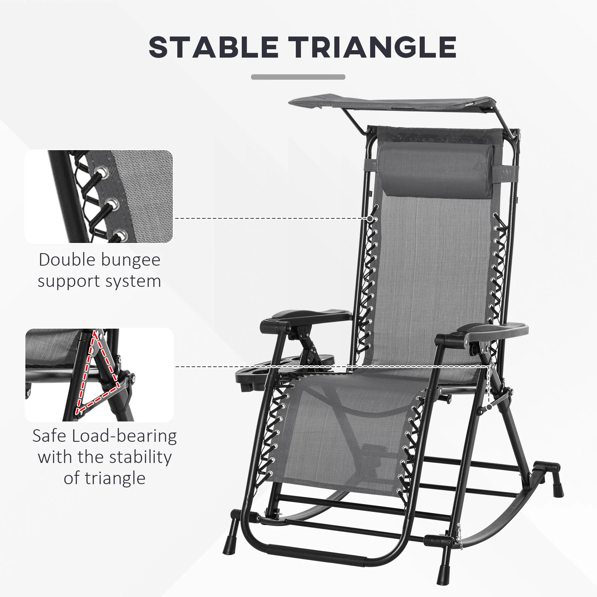 Outdoor Rocking Lounge Chair with Adjustable Backrest Zero-Gravity Seat, Side Holder, Grey - Image 8