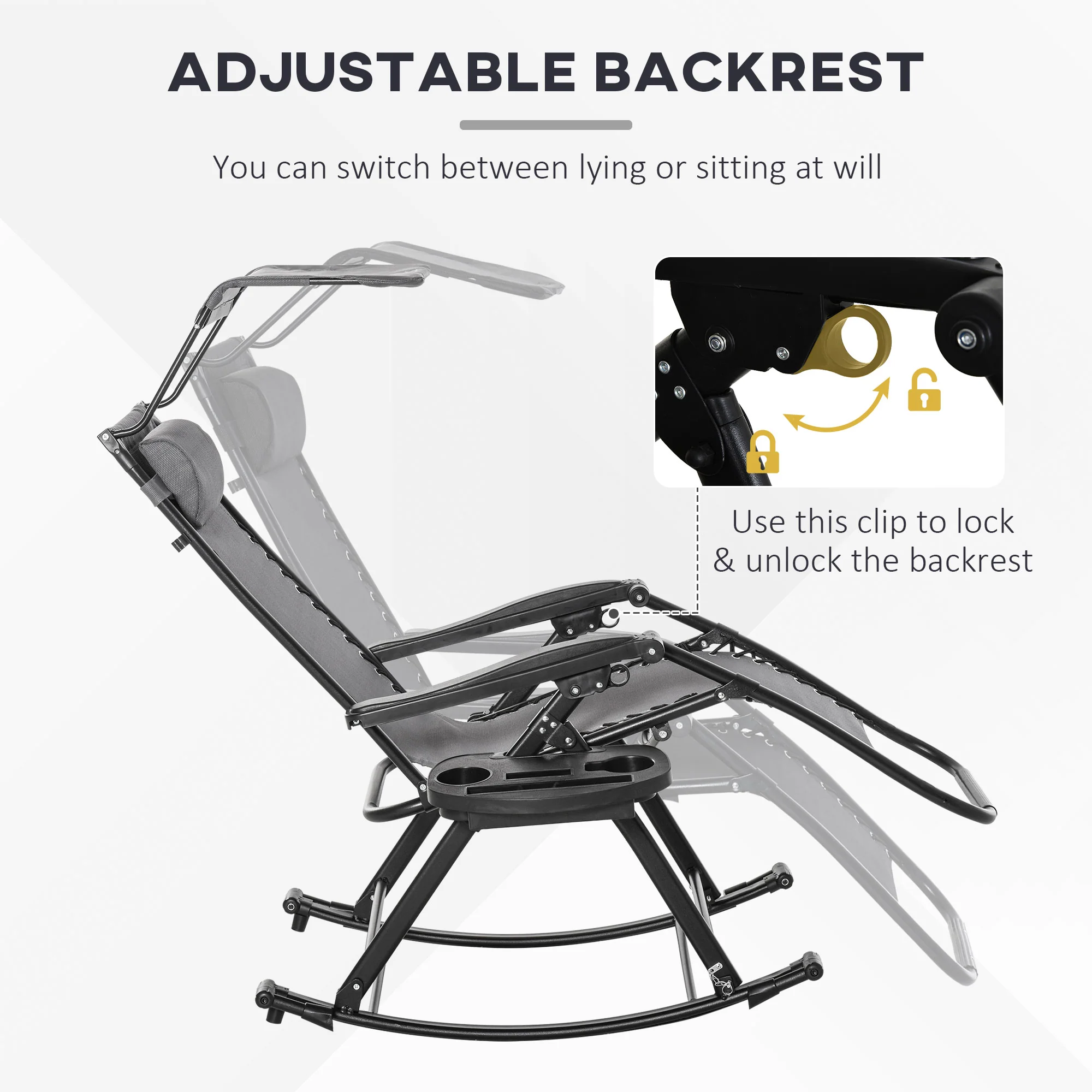 Outdoor Rocking Lounge Chair with Adjustable Backrest Zero-Gravity Seat, Side Holder, Grey - Image 9