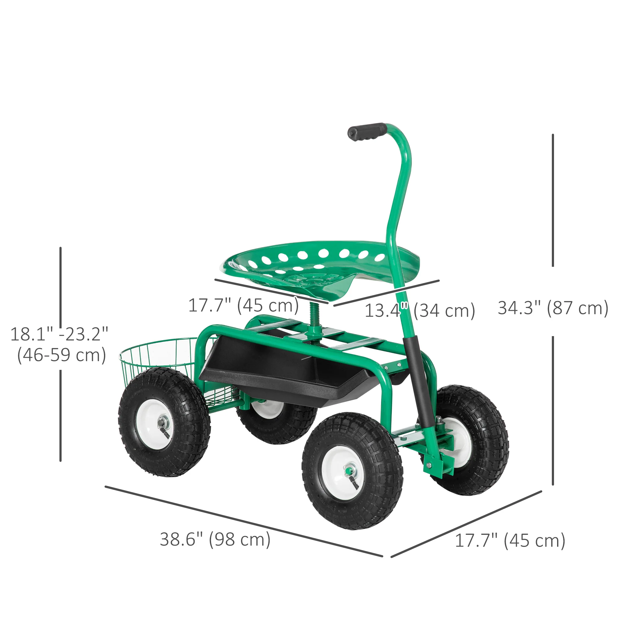 Garden Rolling Cart with Swivel and Adjustable Seat, Tool Tray, Bucket Basket, Green - Image 5