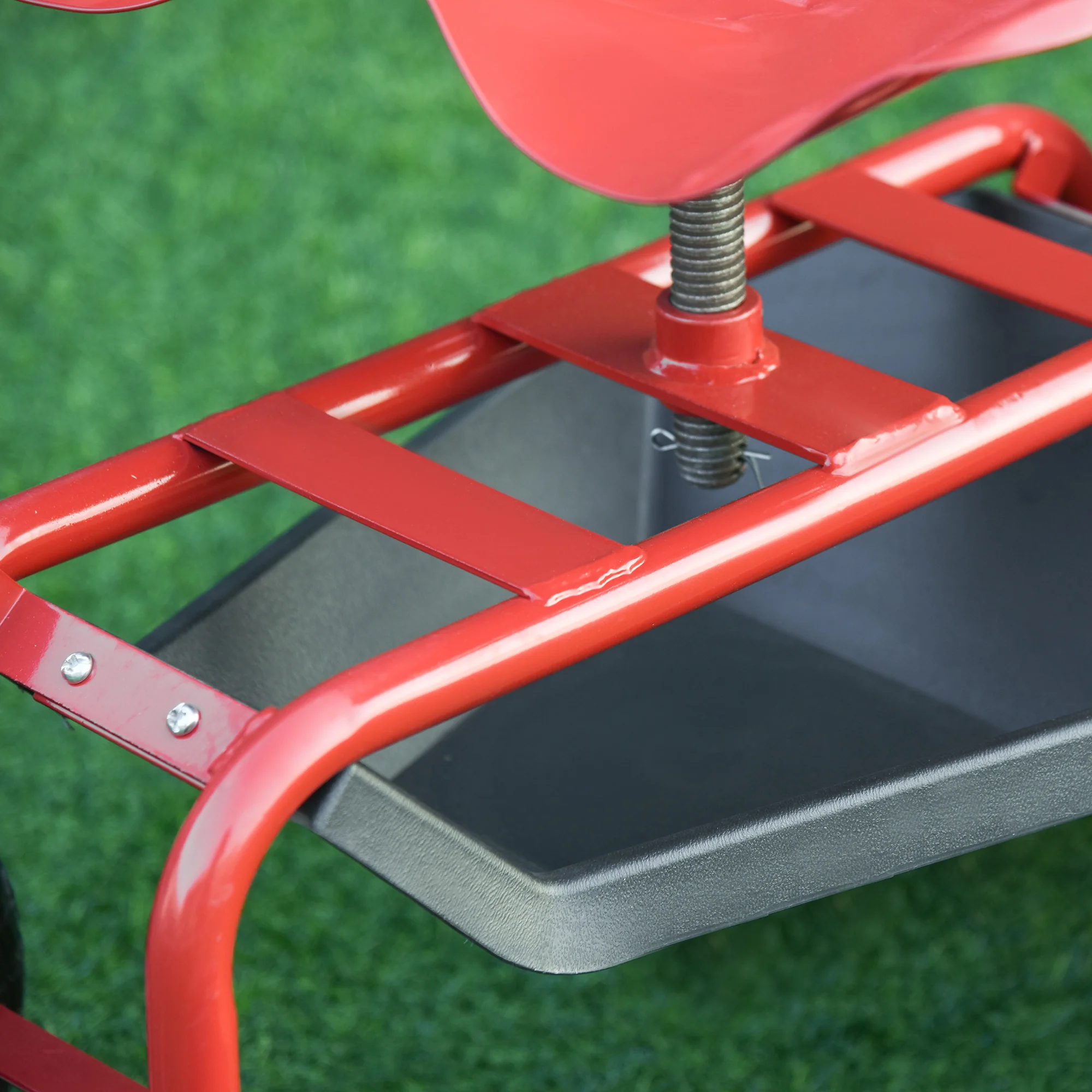 Garden Rolling Cart with Swivel and Adjustable Seat, Tool Tray, Bucket Basket, Red - Image 11
