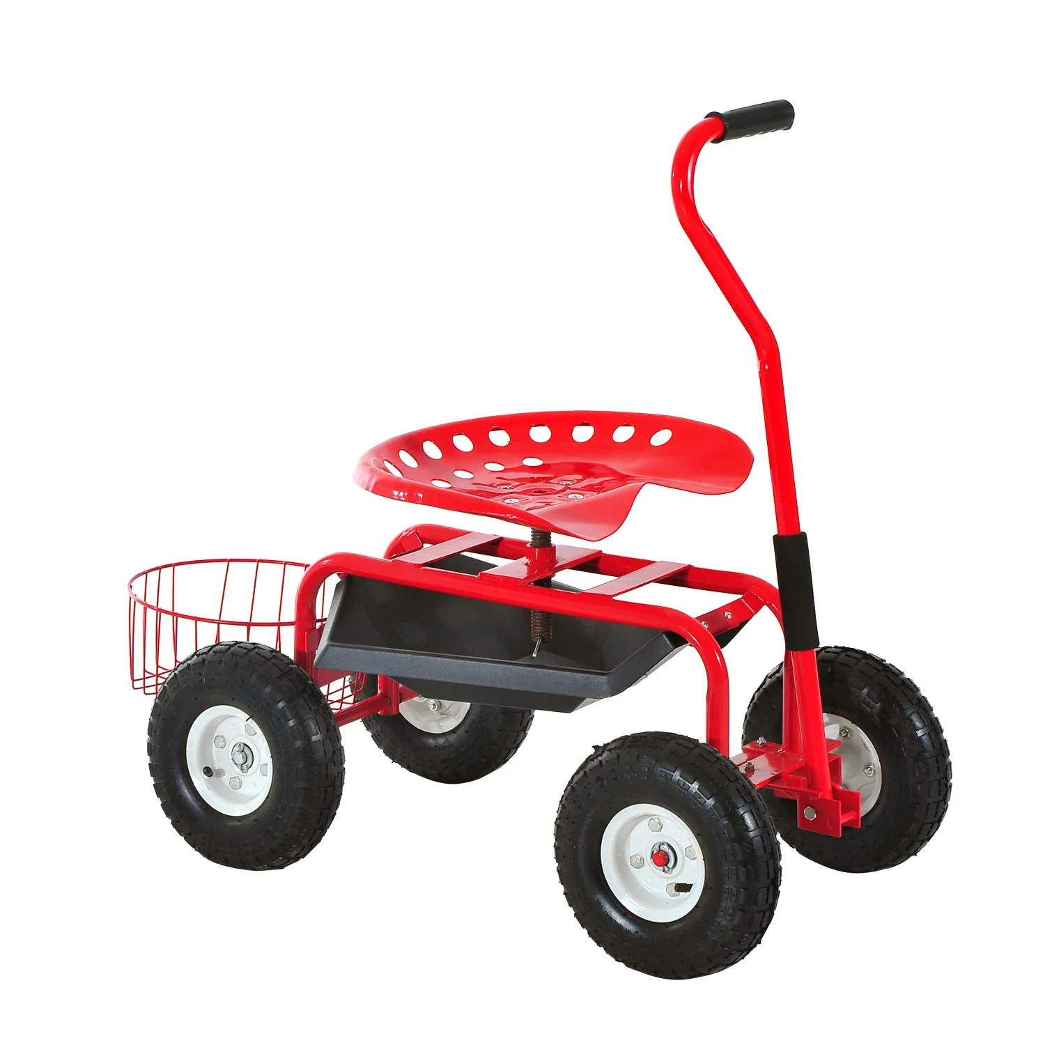 Garden Rolling Cart with Swivel and Adjustable Seat, Tool Tray, Bucket Basket, Red - Image 12