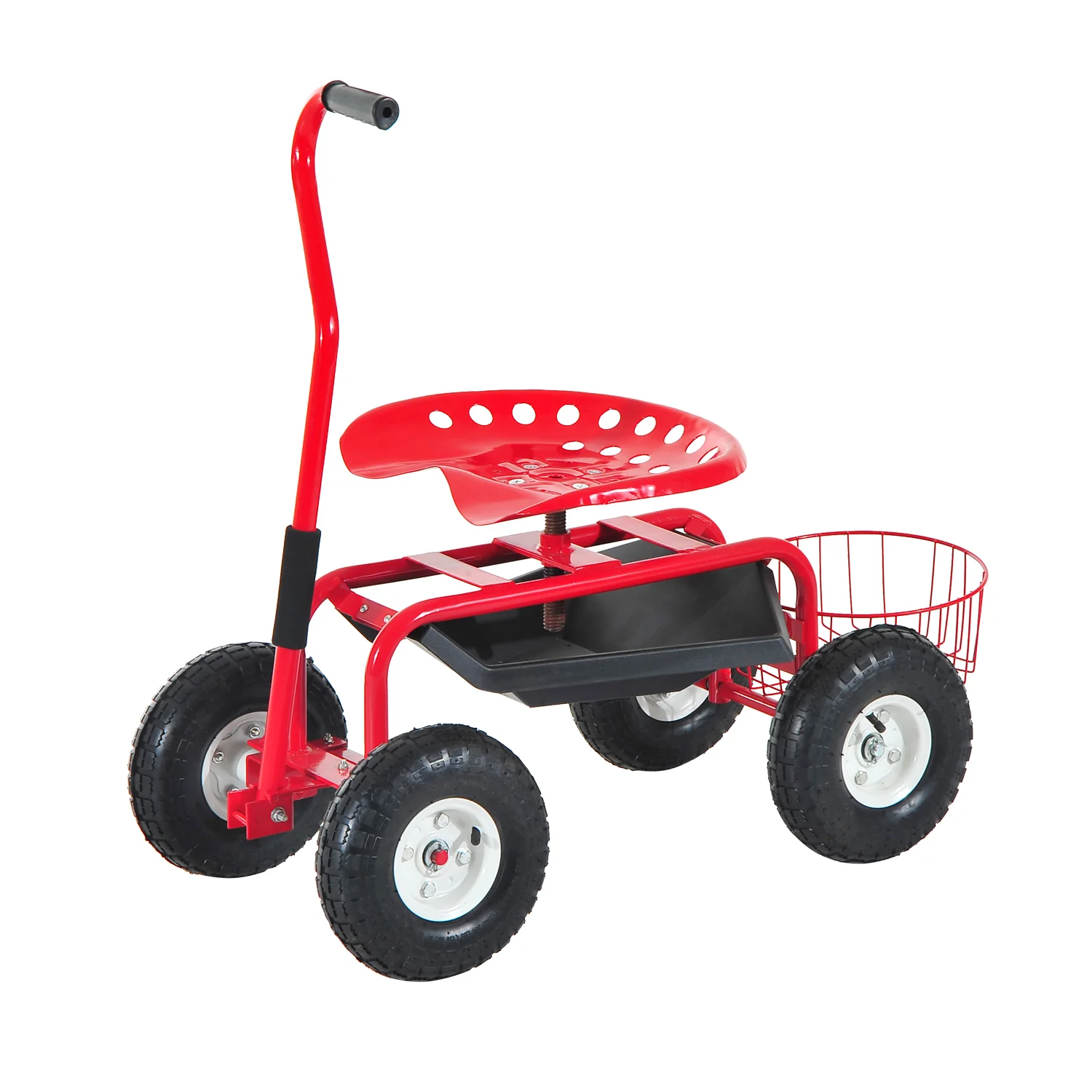 Garden Rolling Cart with Swivel and Adjustable Seat, Tool Tray, Bucket Basket, Red - Image 2