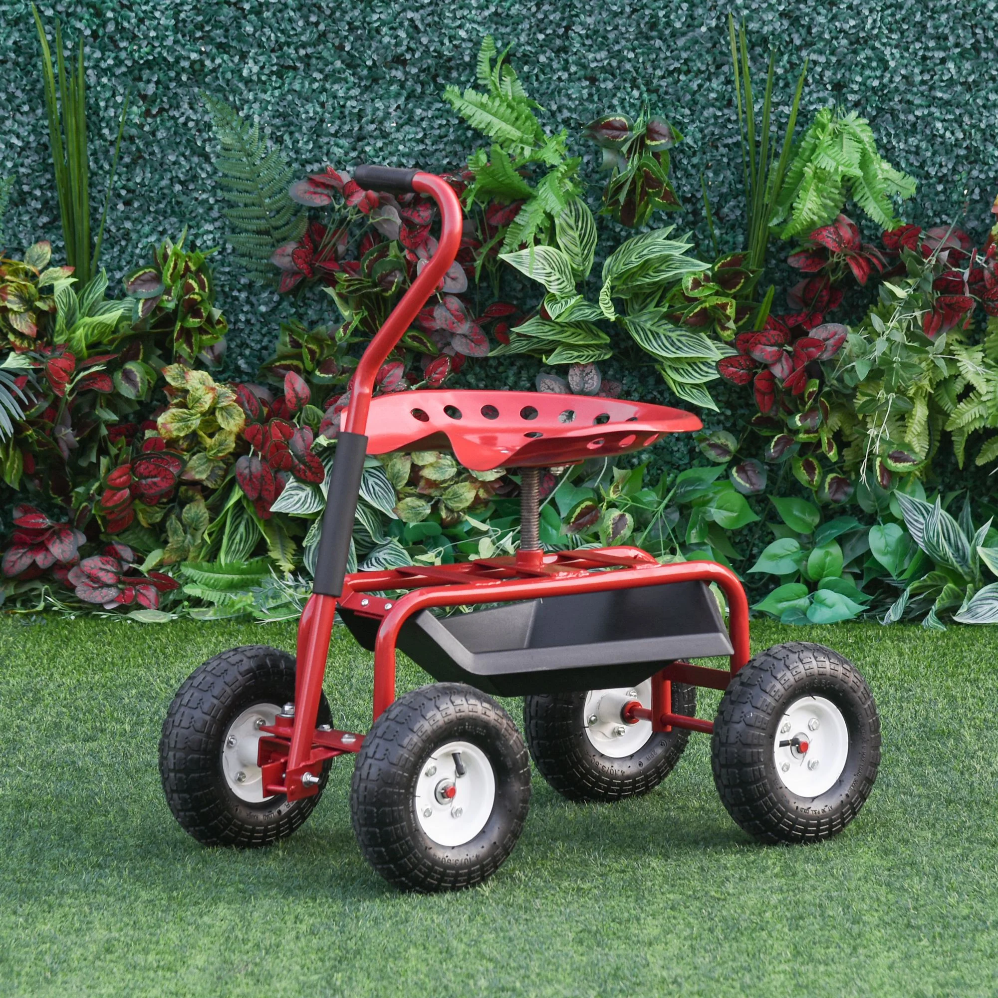 Garden Rolling Cart with Swivel and Adjustable Seat, Tool Tray, Bucket Basket, Red - Image 3