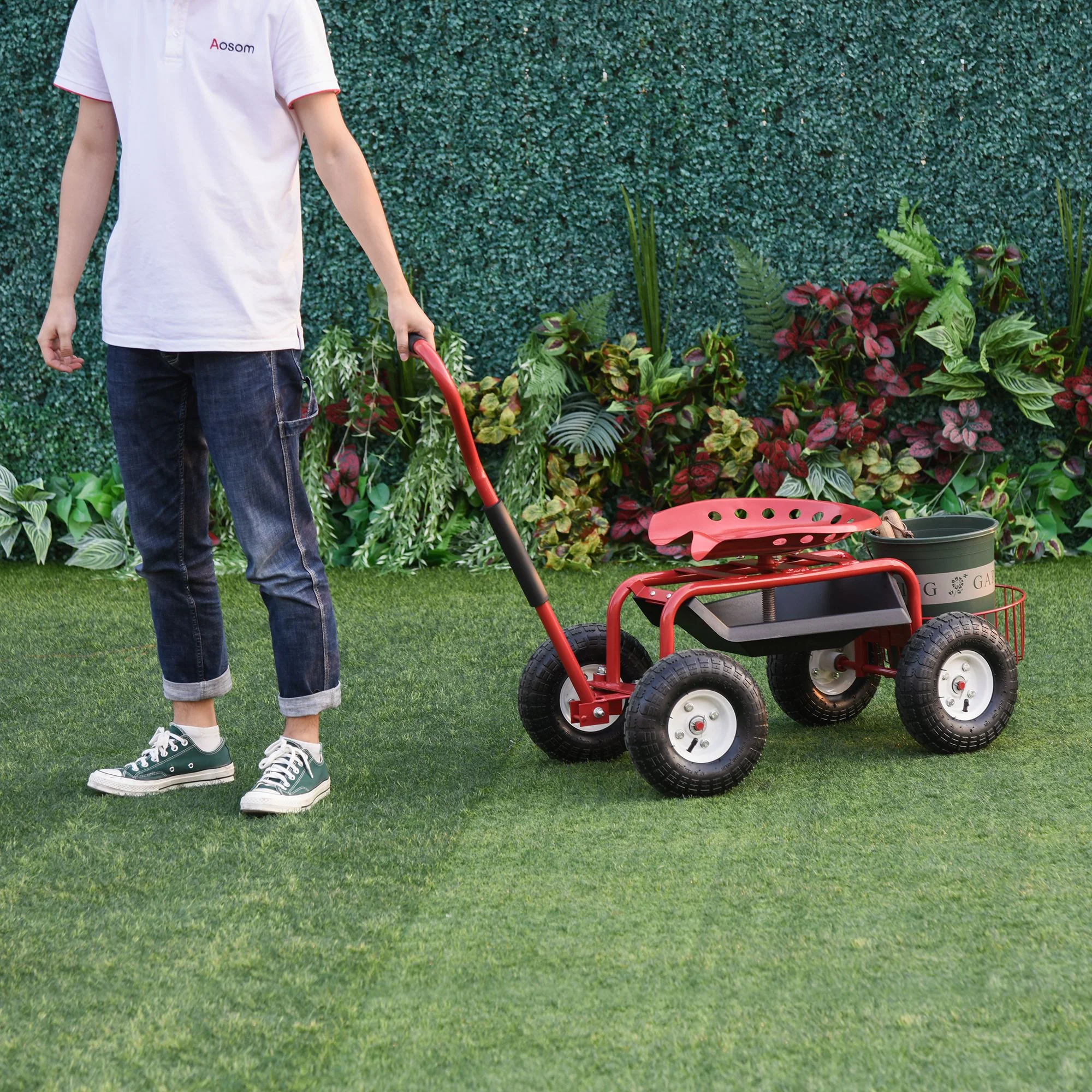 Garden Rolling Cart with Swivel and Adjustable Seat, Tool Tray, Bucket Basket, Red - Image 4