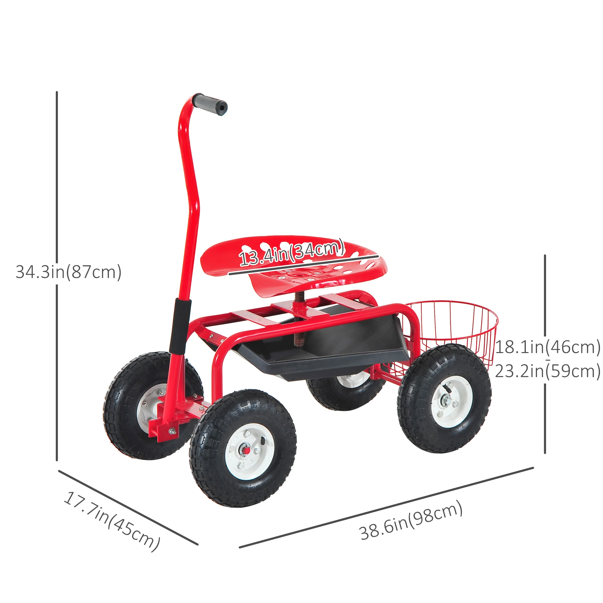 Garden Rolling Cart with Swivel and Adjustable Seat, Tool Tray, Bucket Basket, Red - Image 5