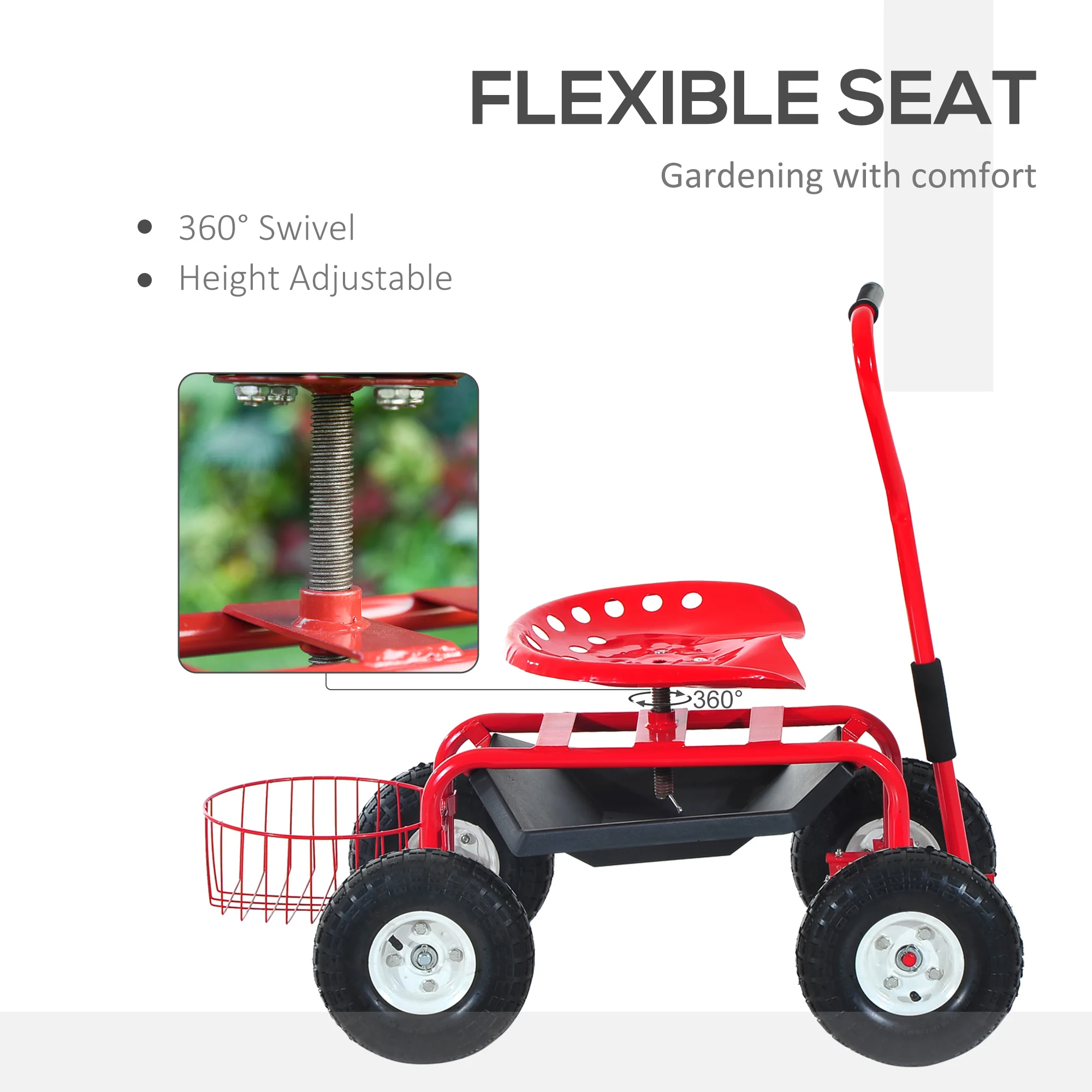 Garden Rolling Cart with Swivel and Adjustable Seat, Tool Tray, Bucket Basket, Red - Image 6