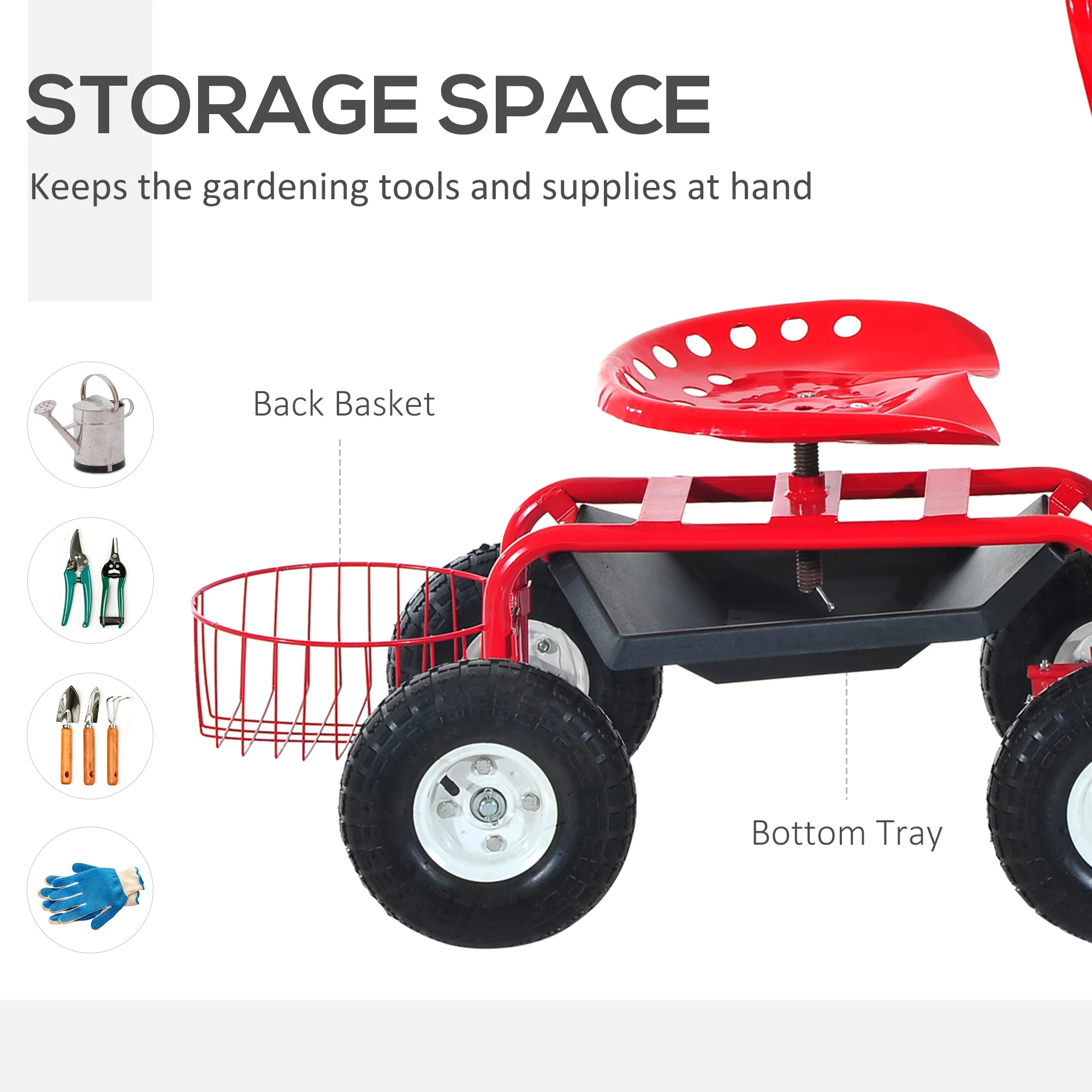 Garden Rolling Cart with Swivel and Adjustable Seat, Tool Tray, Bucket Basket, Red - Image 7