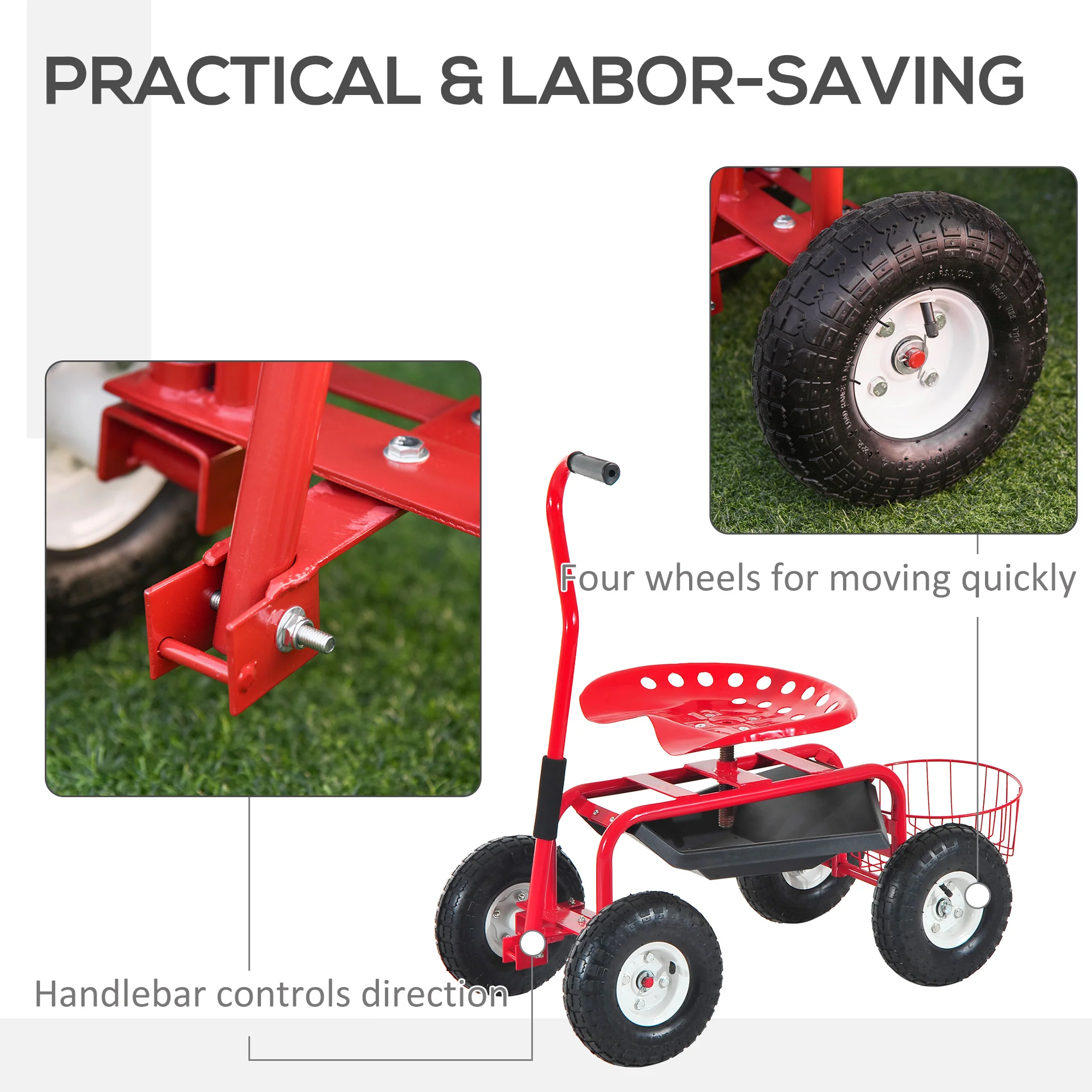 Garden Rolling Cart with Swivel and Adjustable Seat, Tool Tray, Bucket Basket, Red - Image 8