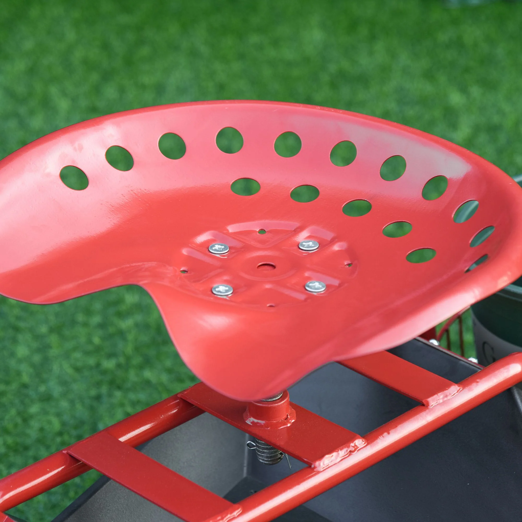 Garden Rolling Cart with Swivel and Adjustable Seat, Tool Tray, Bucket Basket, Red - Image 9