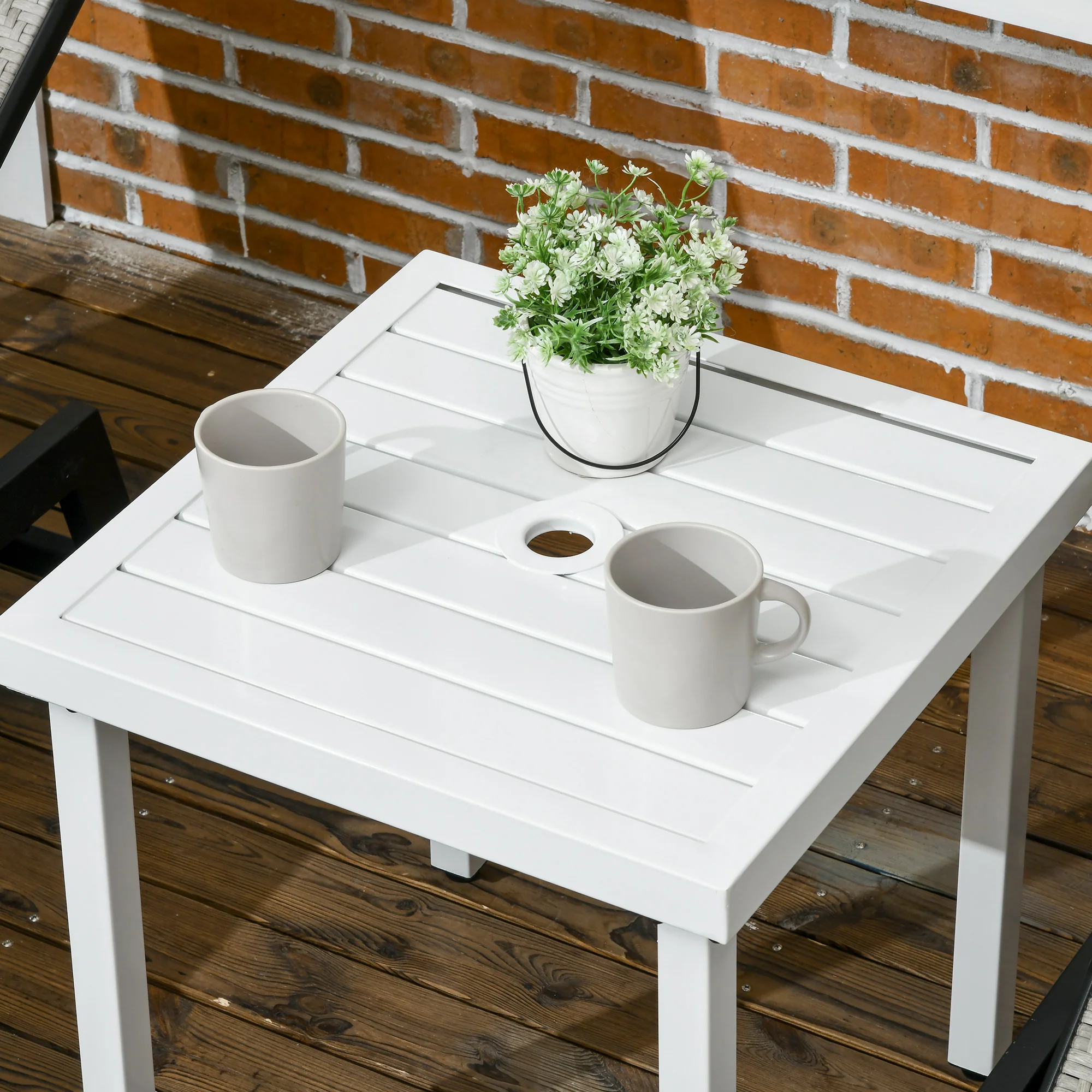 51 x 51 cm Garden Side Table with Umbrella Hole, White - Image 10