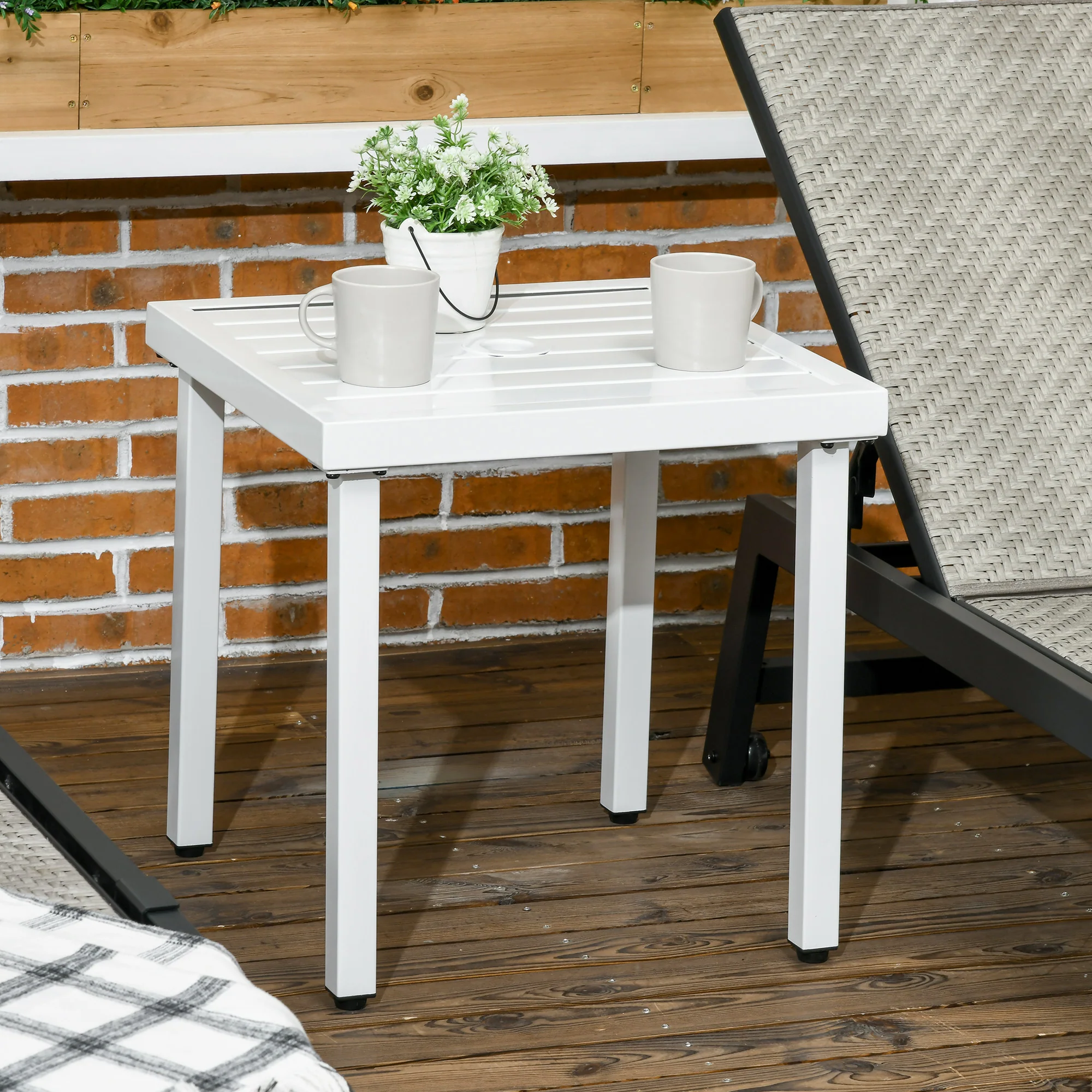 51 x 51 cm Garden Side Table with Umbrella Hole, White - Image 4