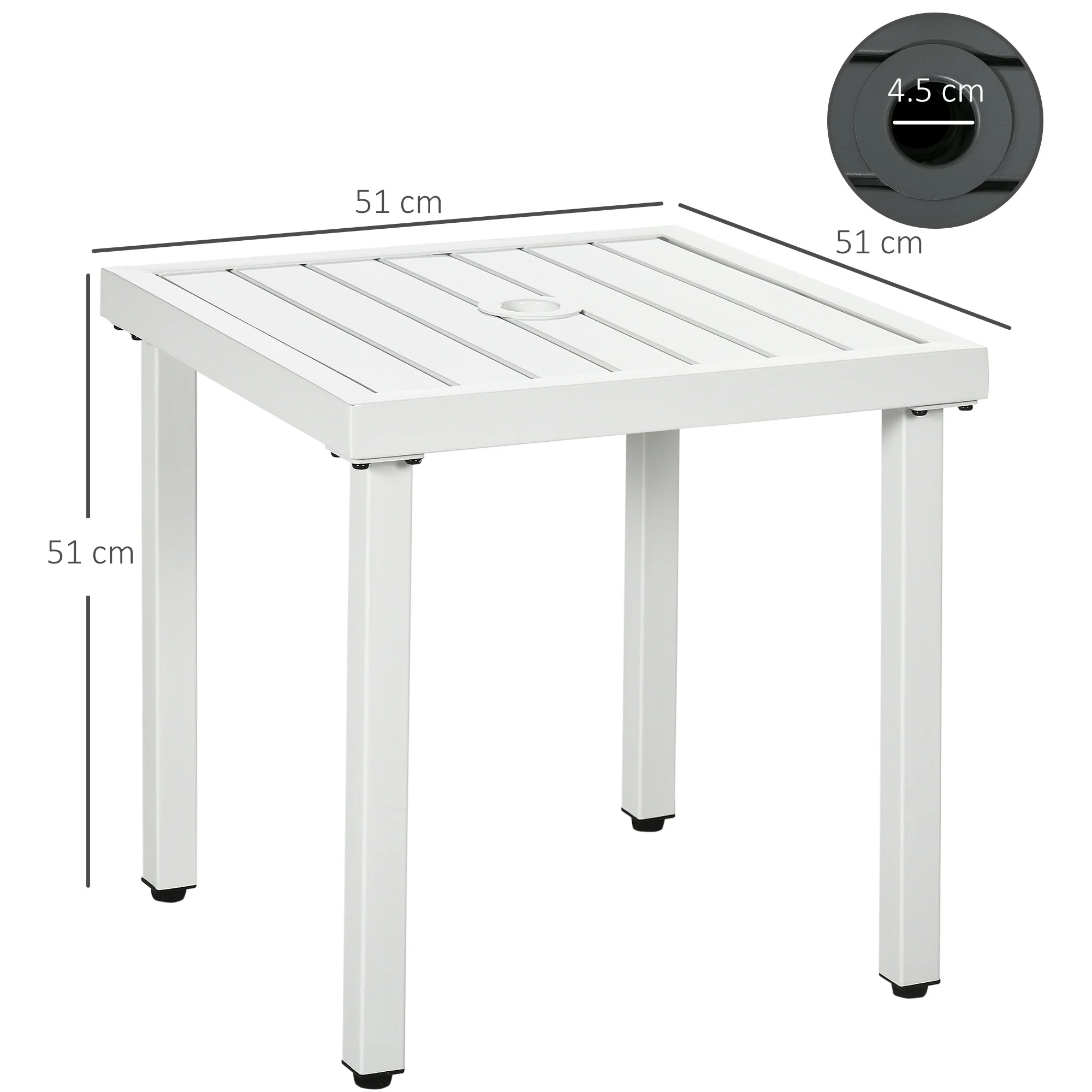 51 x 51 cm Garden Side Table with Umbrella Hole, White - Image 5