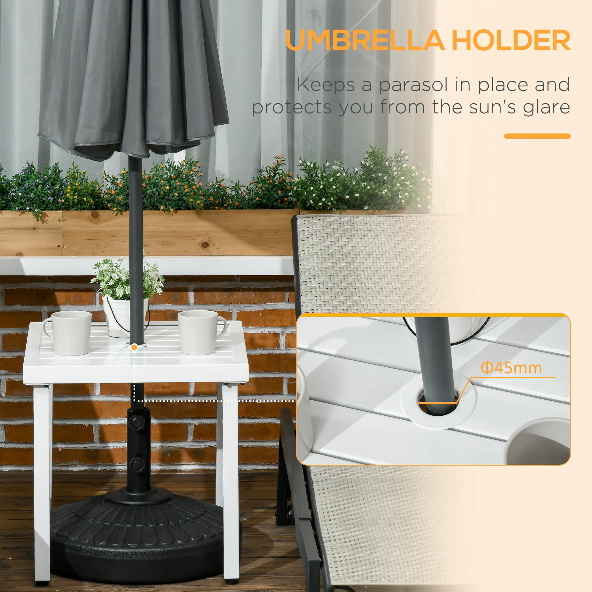 51 x 51 cm Garden Side Table with Umbrella Hole, White - Image 6