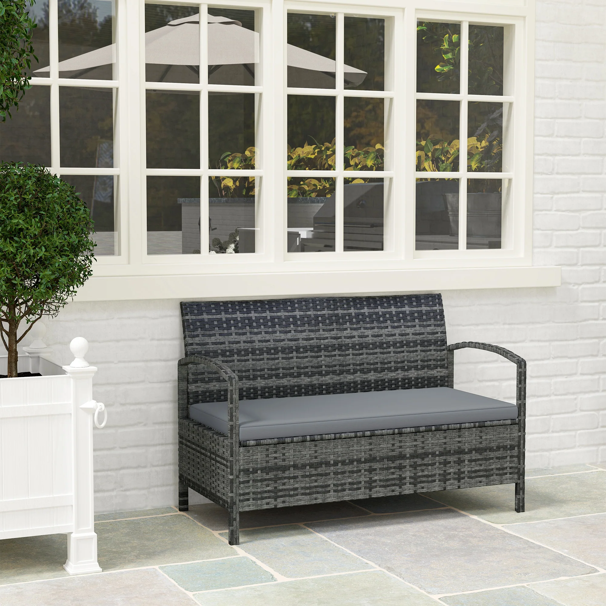 Rattan Garden Bench Loveseat with 125L Capacity Storage & Cushion, for Patio, Grey - Image 10