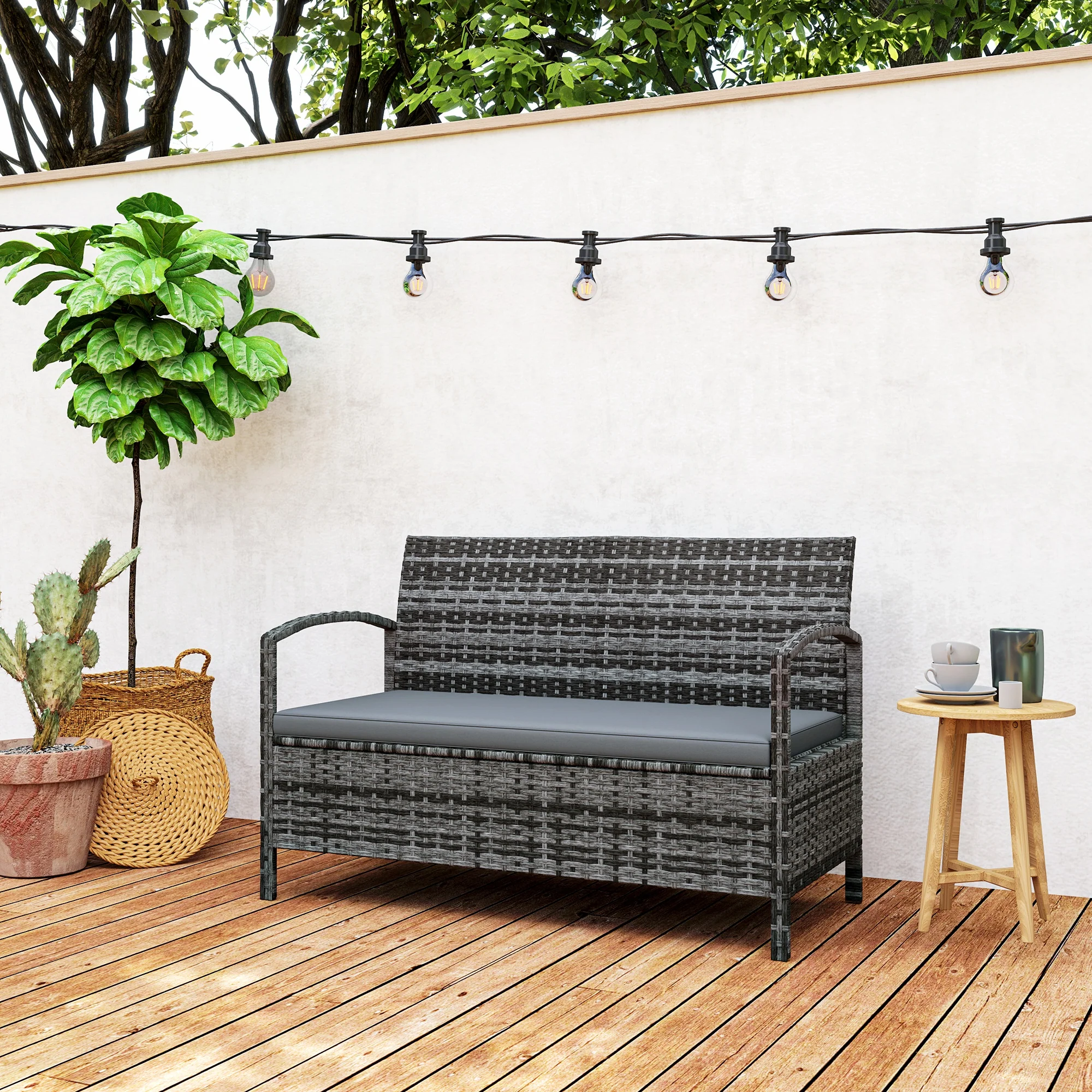 Rattan Garden Bench Loveseat with 125L Capacity Storage & Cushion, for Patio, Grey - Image 11