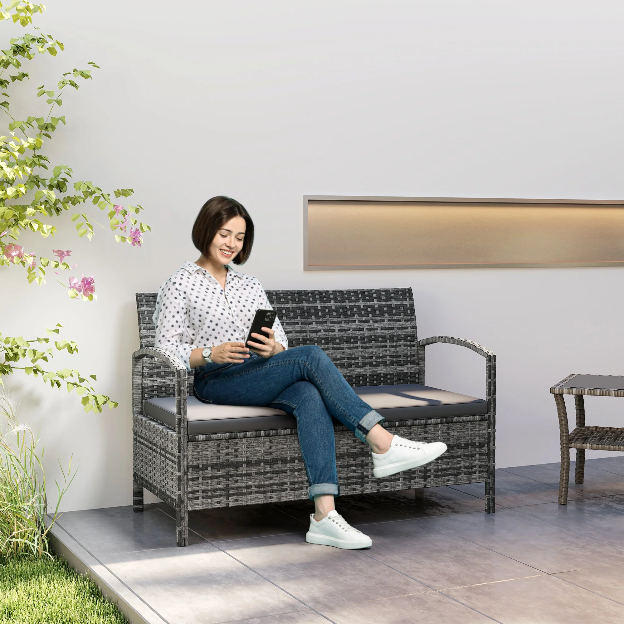 Rattan Garden Bench Loveseat with 125L Capacity Storage & Cushion, for Patio, Grey - Image 4